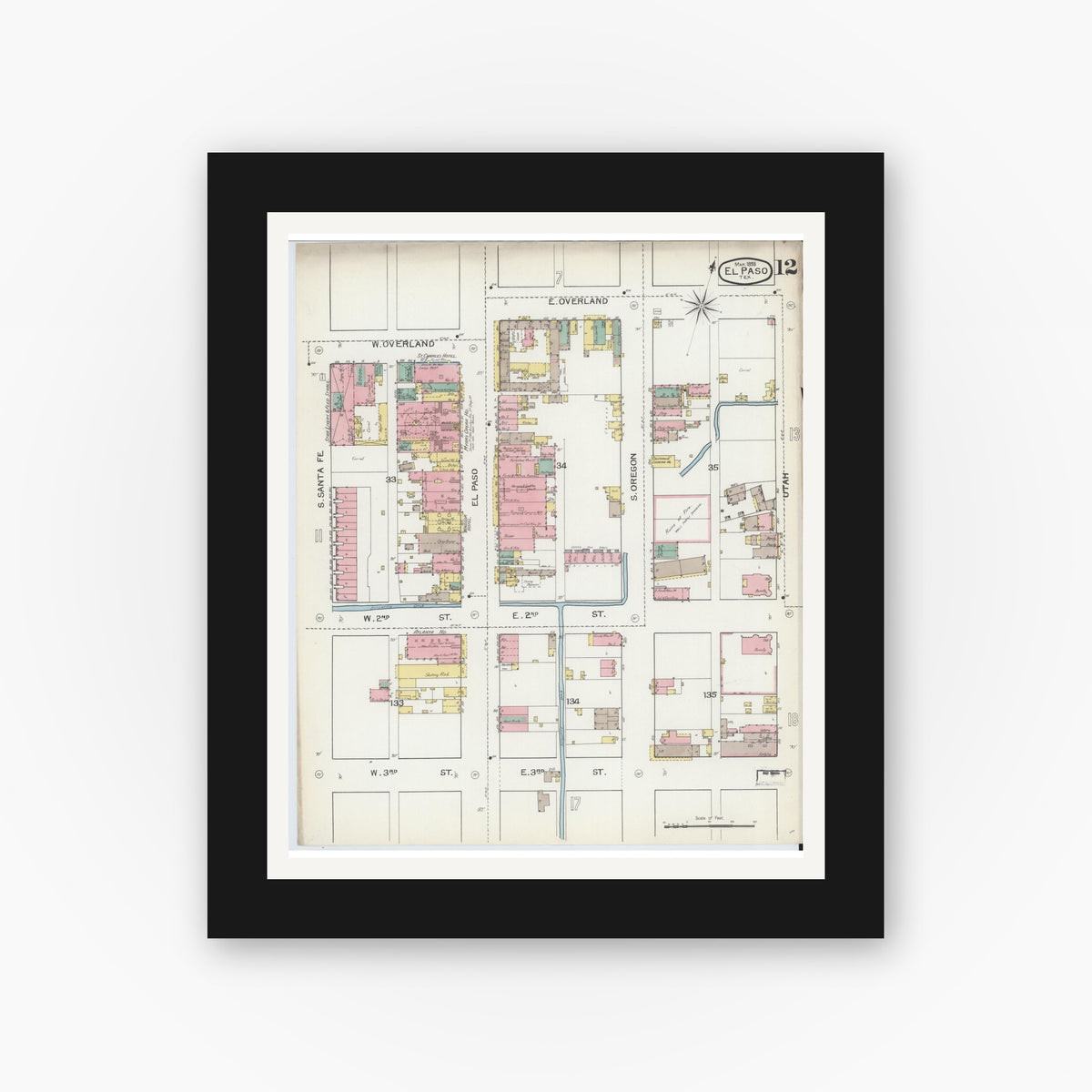 Old map wall art mockup — black gallery frame with white mat — Sanborn Fire Insurance Map from El Paso, El Paso County, Texas (1893), Sheet #0012