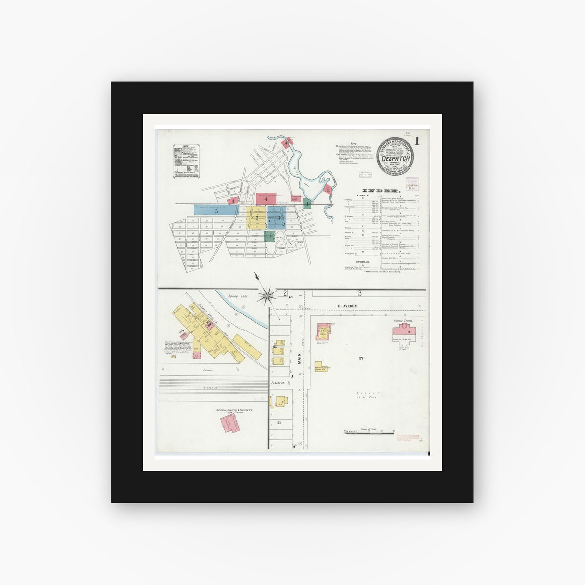 Old map wall art mockup — black gallery frame with white mat — Sanborn Fire Insurance Map from Despatch, Monroe County, New York (1906) - Complete Map Set