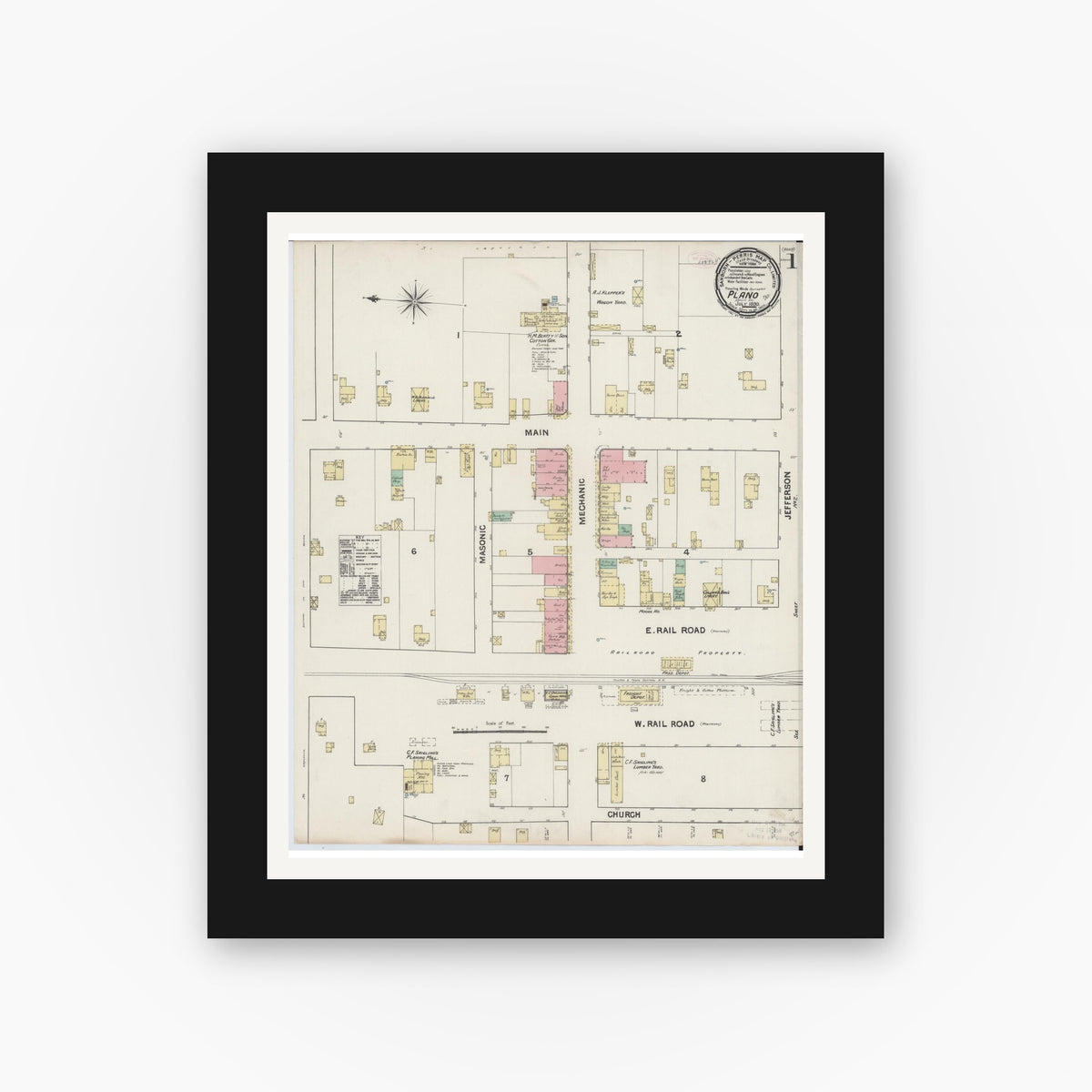 Old map wall art mockup — black gallery frame with white mat — Sanborn Fire Insurance Map from Plano, Collin County, Texas (1890) - Complete Map Set