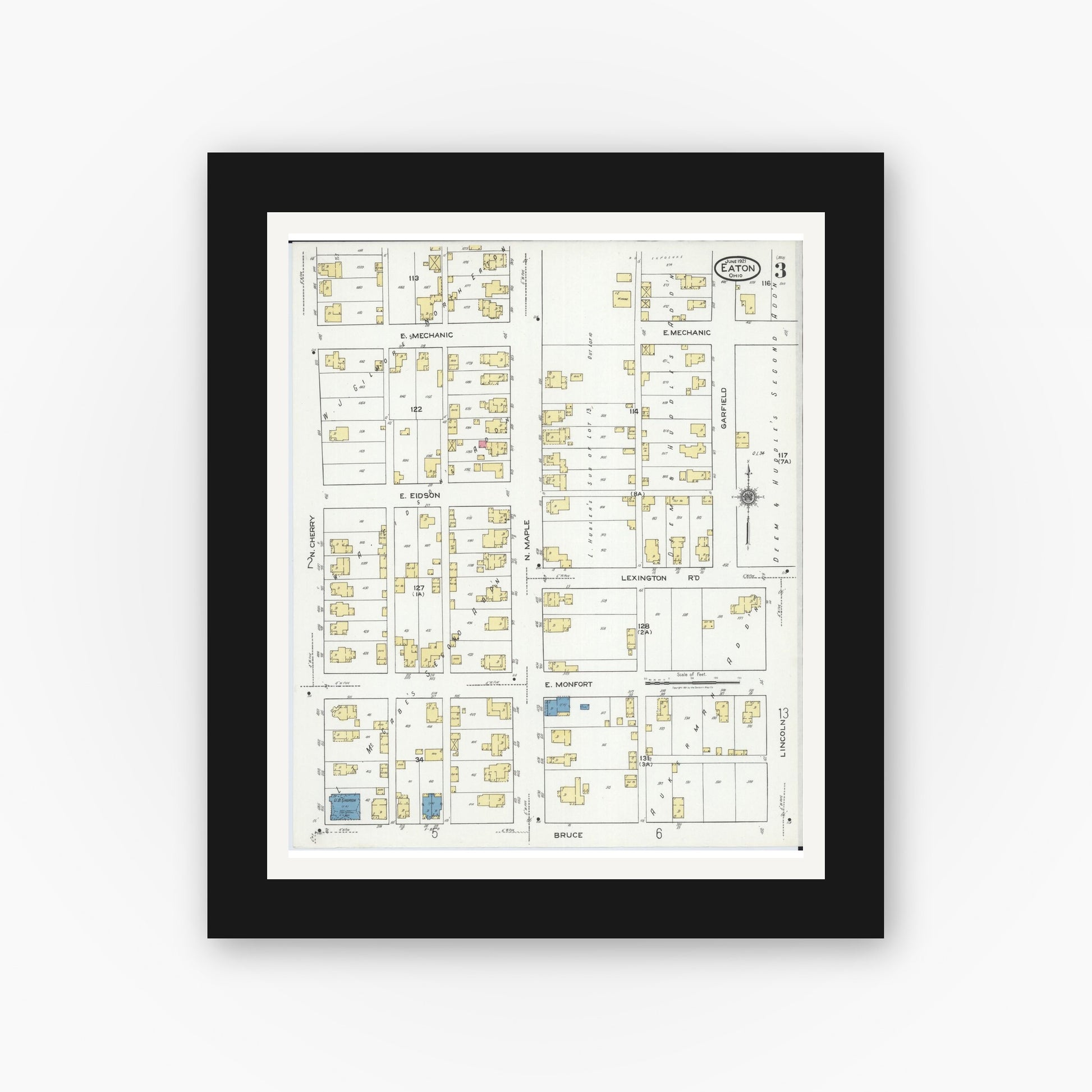 Old map wall art mockup — black gallery frame with white mat — Sanborn Fire Insurance Map from Eaton, Preble County, Ohio (1921), Sheet #0003