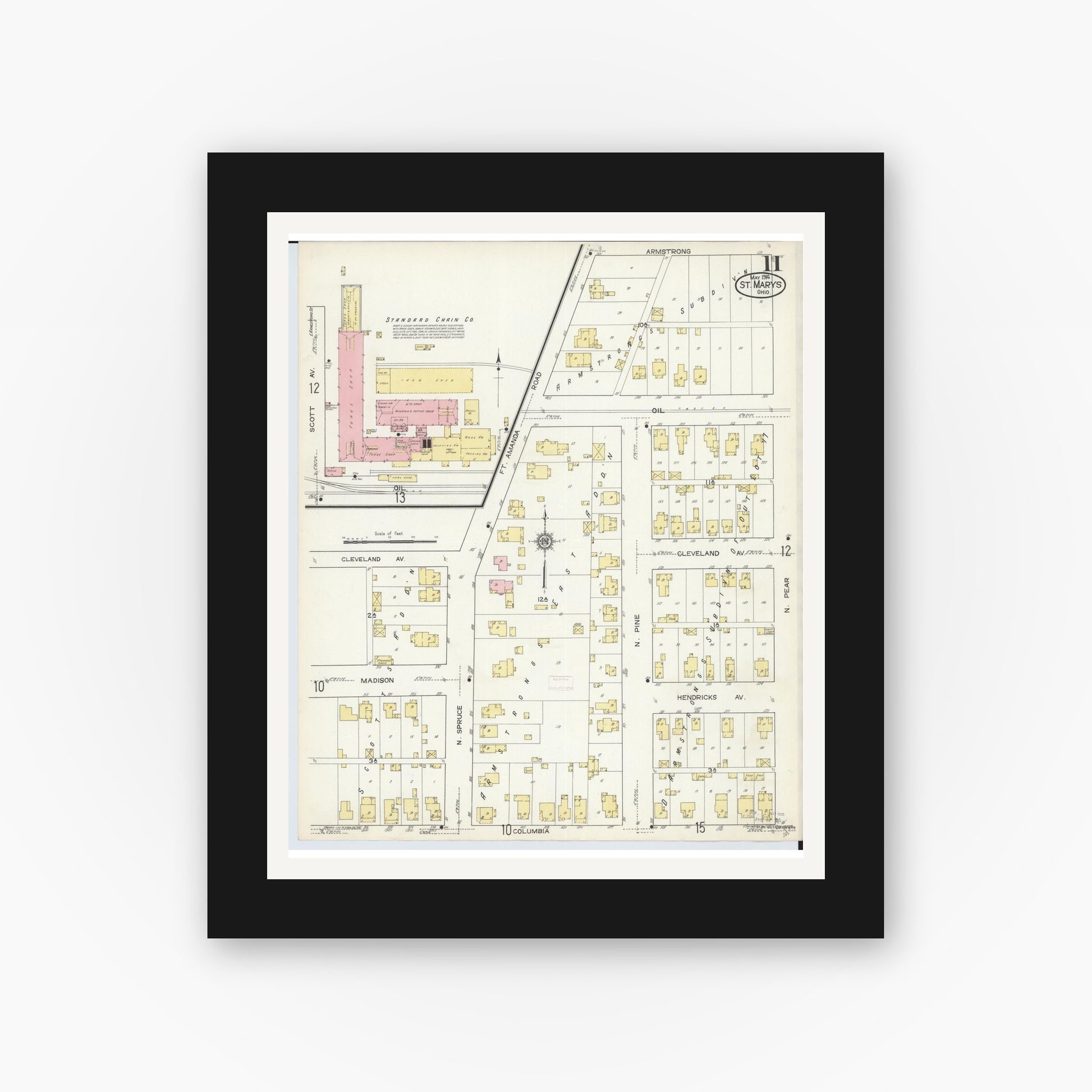 Old map wall art mockup — black gallery frame with white mat — Sanborn Fire Insurance Map from Saint Marys, Auglaize County, Ohio (1914), Sheet #0011