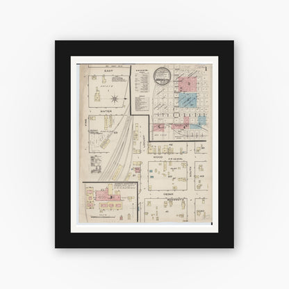 Old map wall art mockup — black gallery frame with white mat — Sanborn Fire Insurance Map from Monmouth, Warren County, Illinois (1886), Sheet #0001