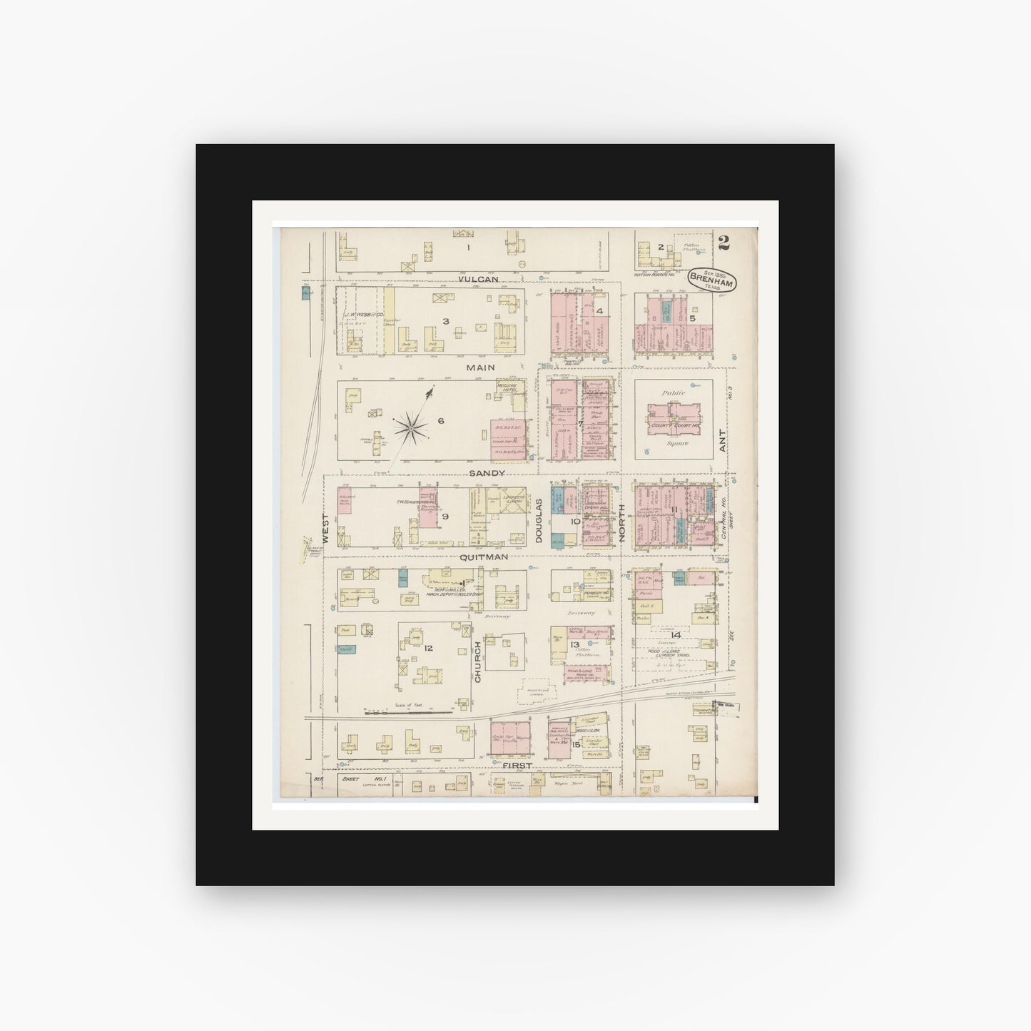 Old map wall art mockup — black gallery frame with white mat — Sanborn Fire Insurance Map from Brenham, Washington County, Texas (1885), Sheet #0002