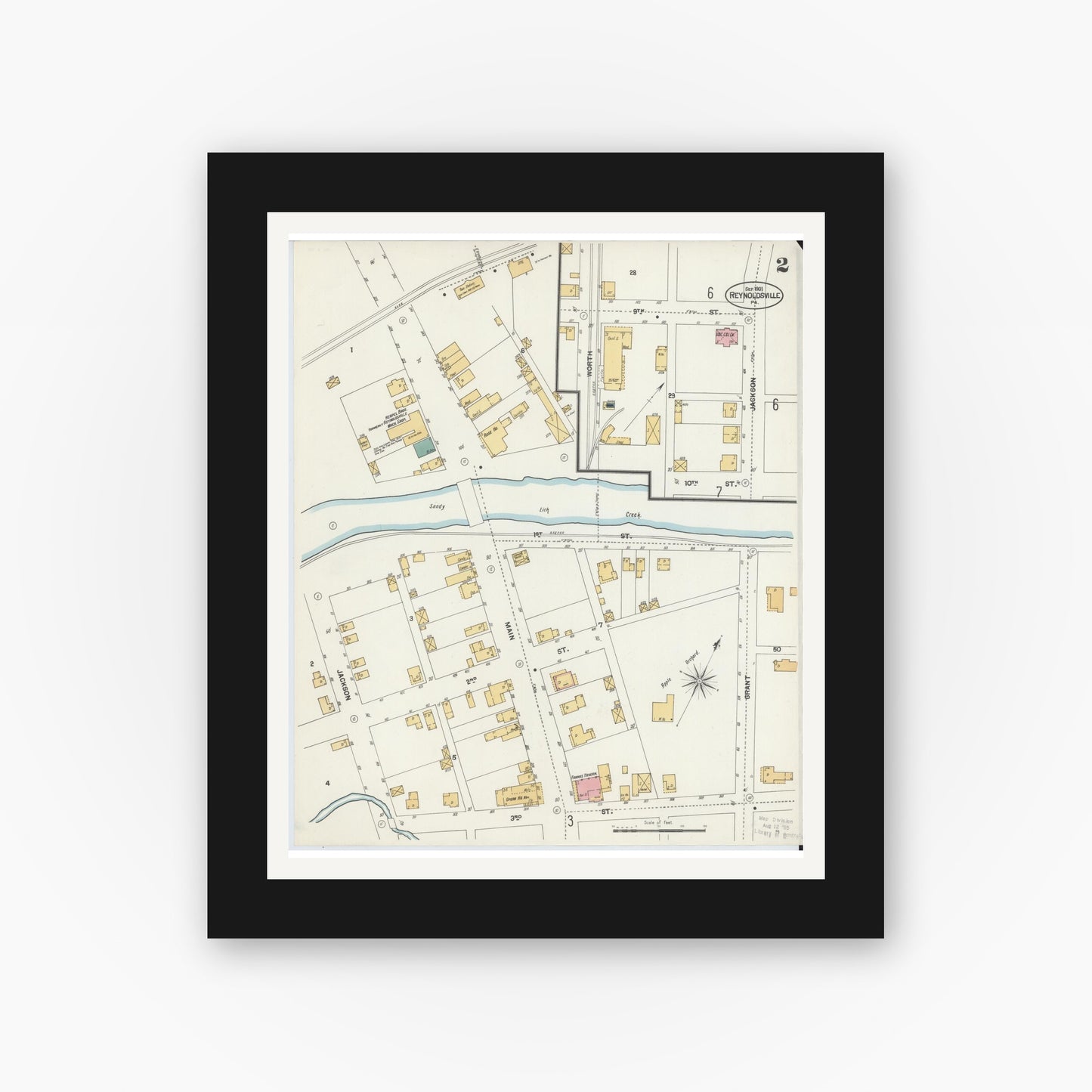 Old map wall art mockup — black gallery frame with white mat — Sanborn Fire Insurance Map from Reynoldsville, Jefferson County, Pennsylvania (1901), Sheet #0002