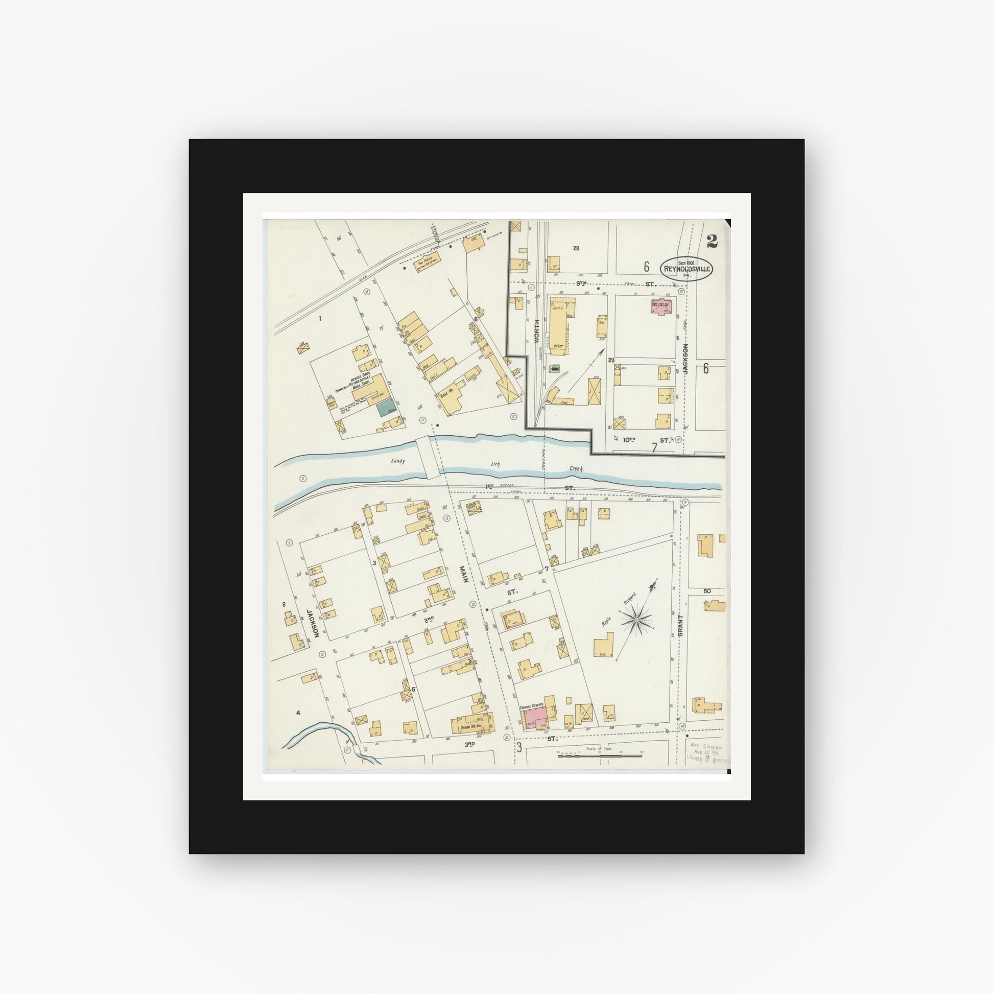 Old map wall art mockup — black gallery frame with white mat — Sanborn Fire Insurance Map from Reynoldsville, Jefferson County, Pennsylvania (1901), Sheet #0002