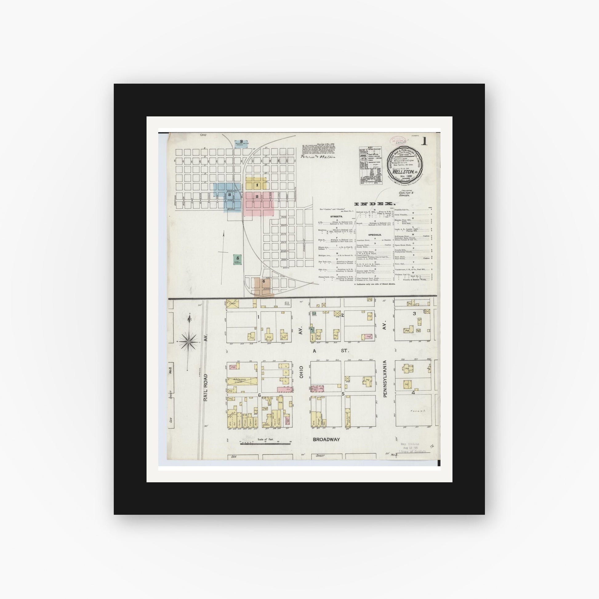 Old map wall art mockup — black gallery frame with white mat — Sanborn Fire Insurance Map from Wellston, Jackson County, Ohio (1888), Sheet #0001