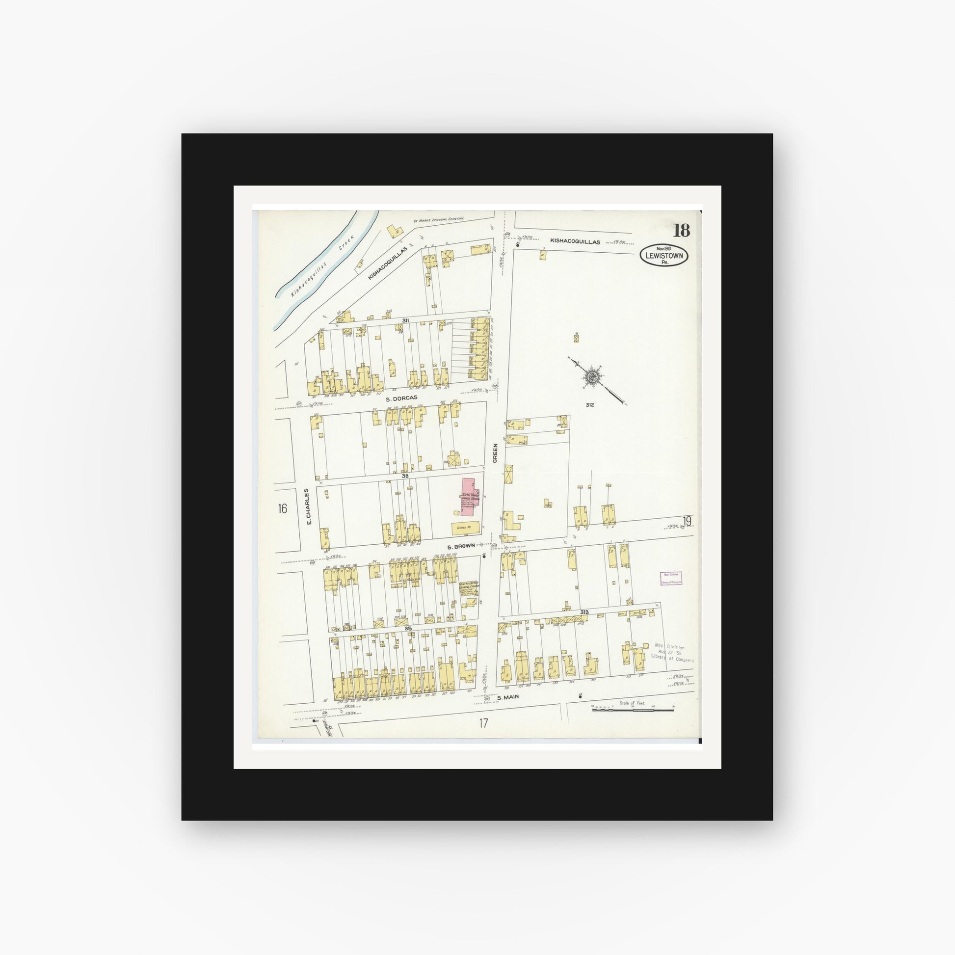 Old map wall art mockup — black gallery frame with white mat — Sanborn Fire Insurance Map from Lewistown, Mifflin County, Pennsylvania (1910), Sheet #0018