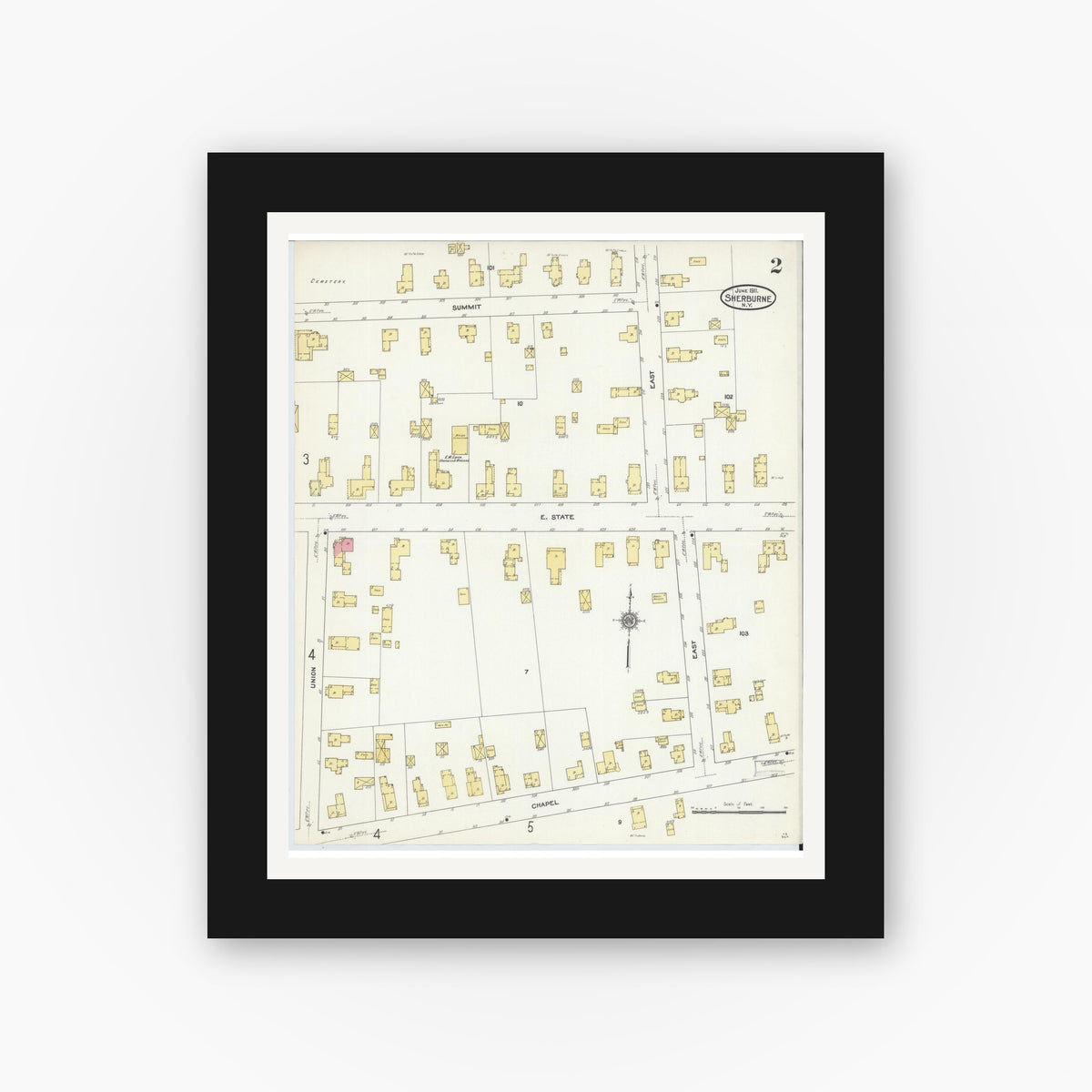Old map wall art mockup — black gallery frame with white mat — Sanborn Fire Insurance Map from Sherburne, Chenango County, New York (1911), Sheet #0002