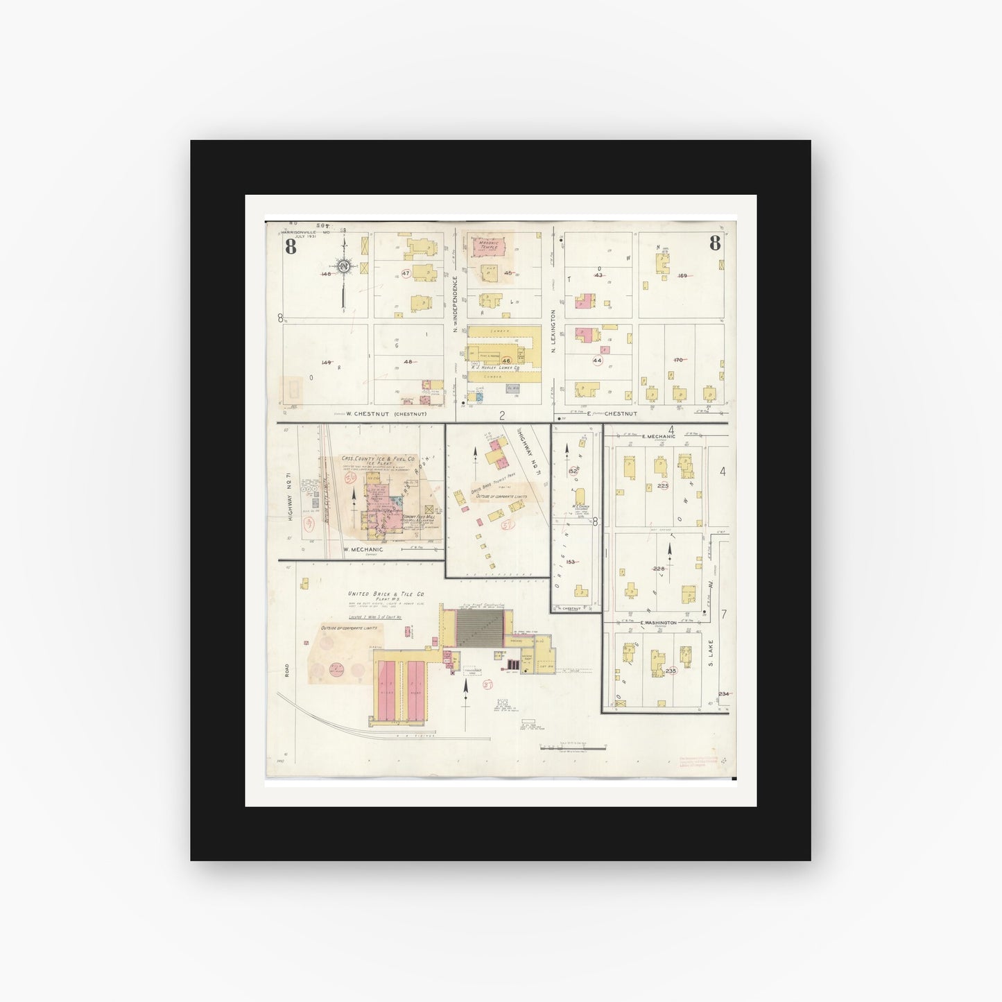 Old map wall art mockup — black gallery frame with white mat — Sanborn Fire Insurance Map from Harrisonville, Cass County, Missouri (1939), Sheet #0008