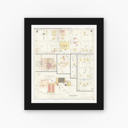 Old map wall art mockup — black gallery frame with white mat — Sanborn Fire Insurance Map from Harrisonville, Cass County, Missouri (1939), Sheet #0008