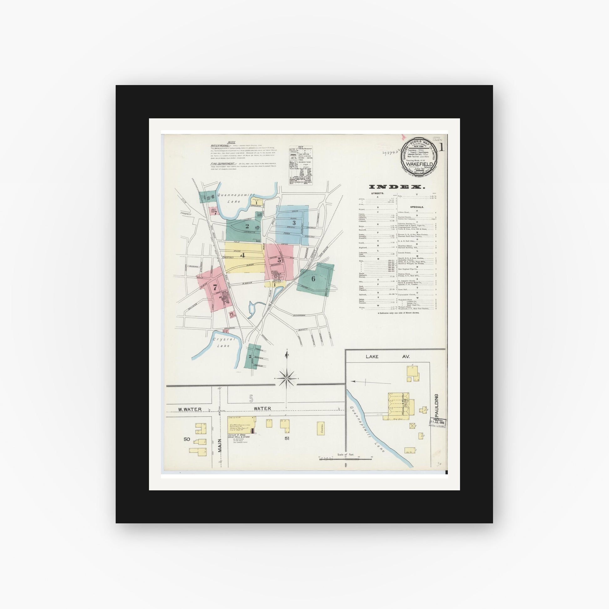 Old map wall art mockup — black gallery frame with white mat — Sanborn Fire Insurance Map from Wakefield, Middlesex County, Massachusetts (1892), Sheet #0001