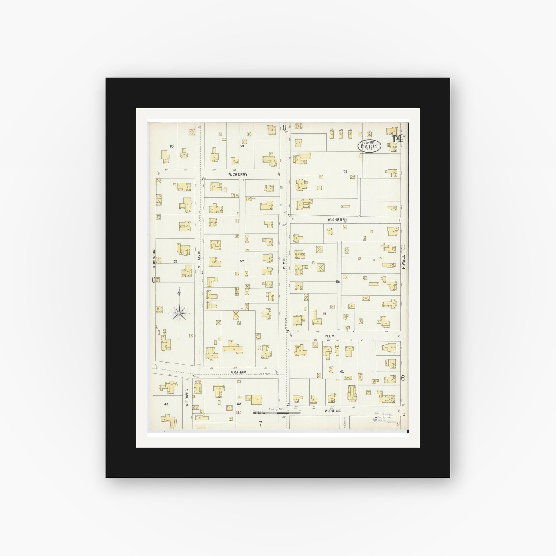 Old map wall art mockup — black gallery frame with white mat — Sanborn Fire Insurance Map from Paris, Lamar County, Texas (1897), Sheet #0014