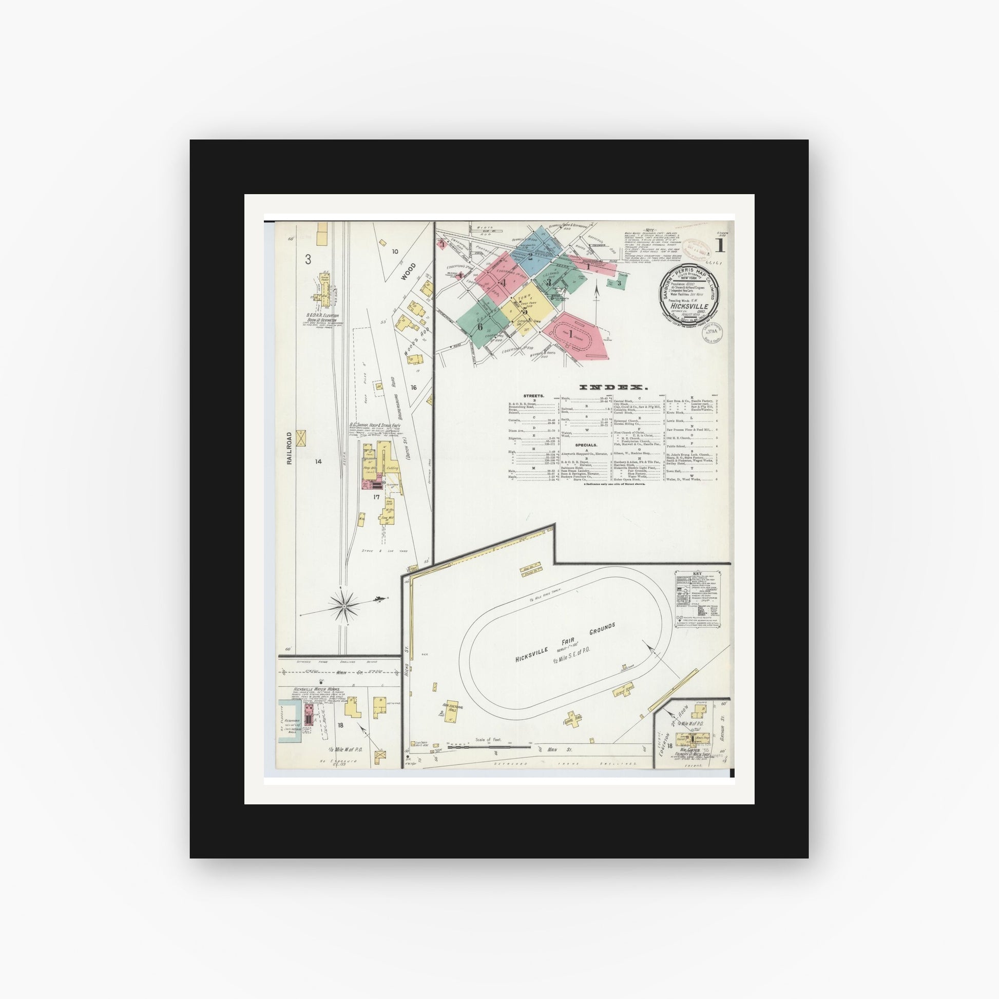 Old map wall art mockup — black gallery frame with white mat — Sanborn Fire Insurance Map from Hicksville, Defiance County, Ohio (1899) - Complete Map Set