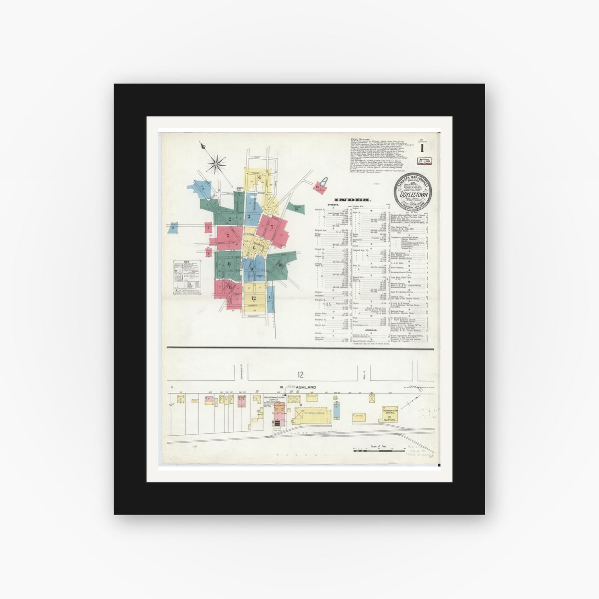 Old map wall art mockup — black gallery frame with white mat — Sanborn Fire Insurance Map from Doylestown, Bucks County, Pennsylvania (1909), Sheet #0001