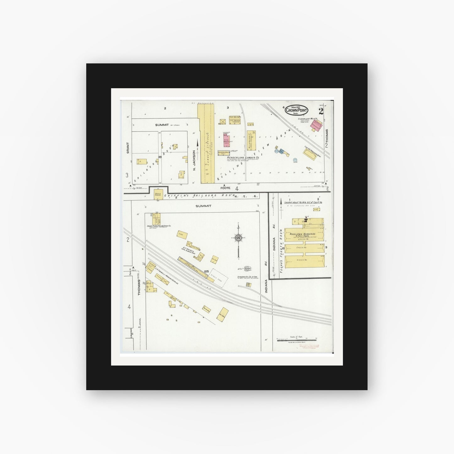 Old map wall art mockup — black gallery frame with white mat — Sanborn Fire Insurance Map from Crown Point, Lake County, Indiana (1921), Sheet #0002