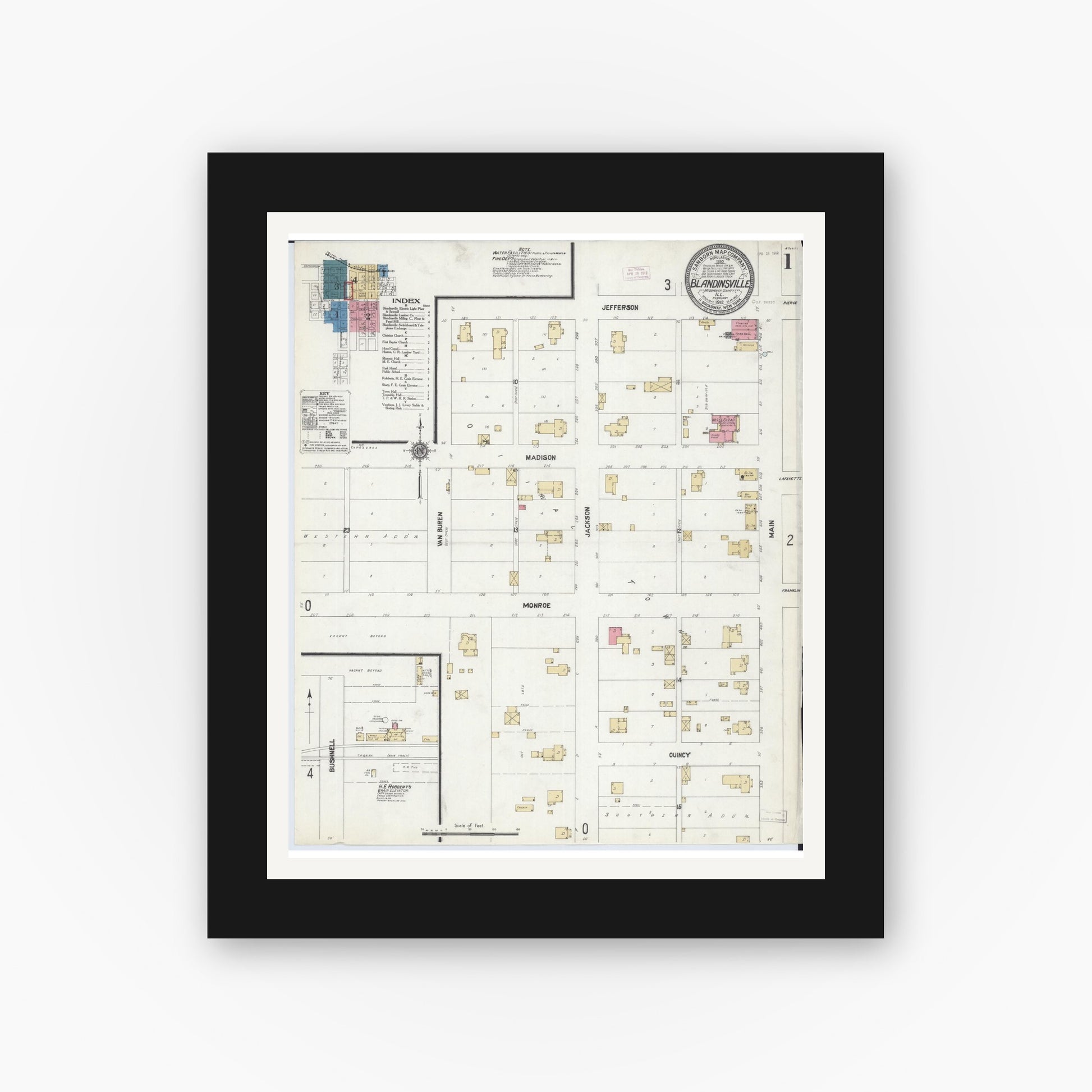 Old map wall art mockup — black gallery frame with white mat — Sanborn Fire Insurance Map from Blandinsville, Mcdonough County, Illinois (1912), Sheet #0001