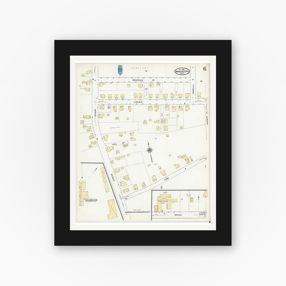 Old map wall art mockup — black gallery frame with white mat — Sanborn Fire Insurance Map from Manchester, Essex County, Massachusetts (1909), Sheet #0006