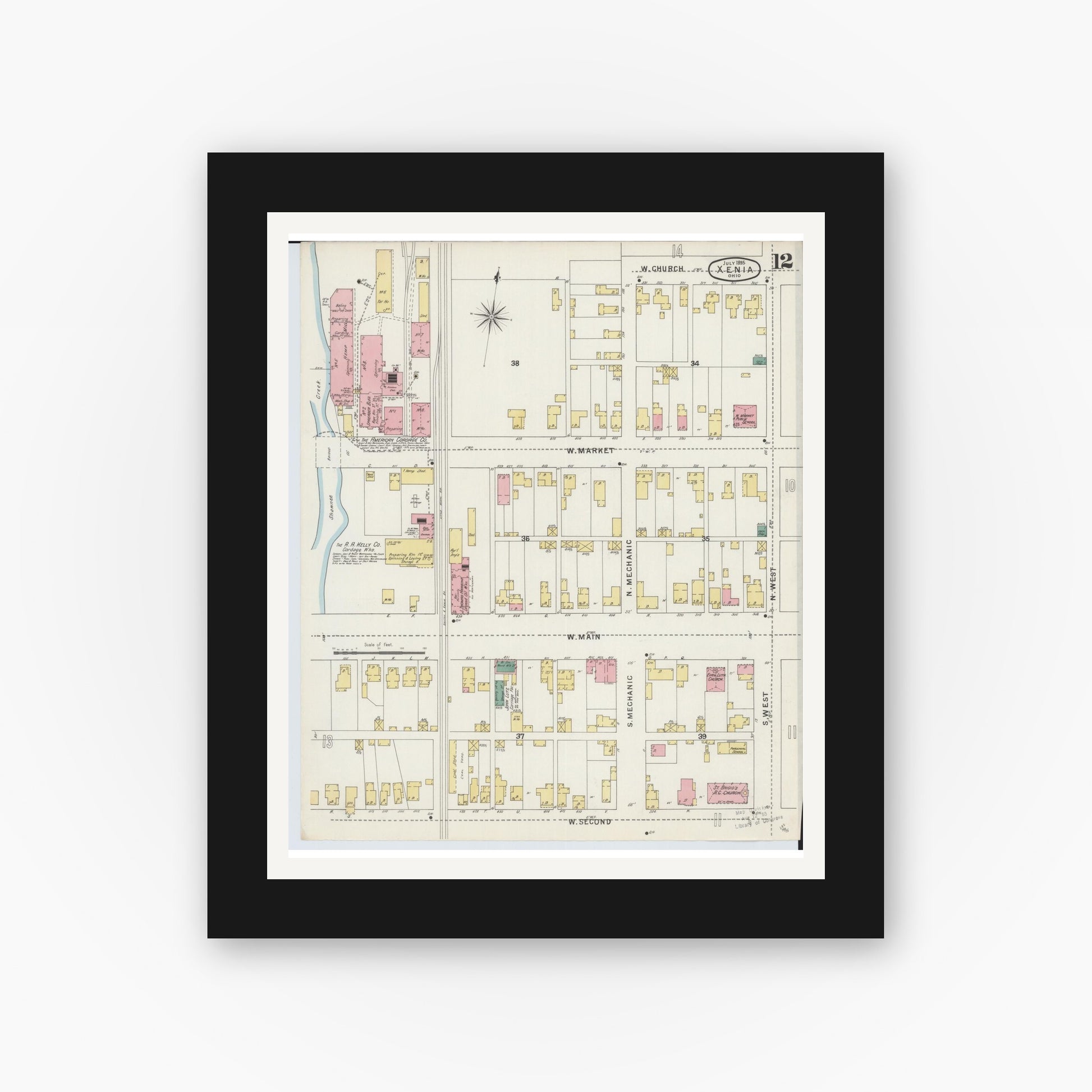 Old map wall art mockup — black gallery frame with white mat — Sanborn Fire Insurance Map from Xenia, Greene County, Ohio (1895), Sheet #0012