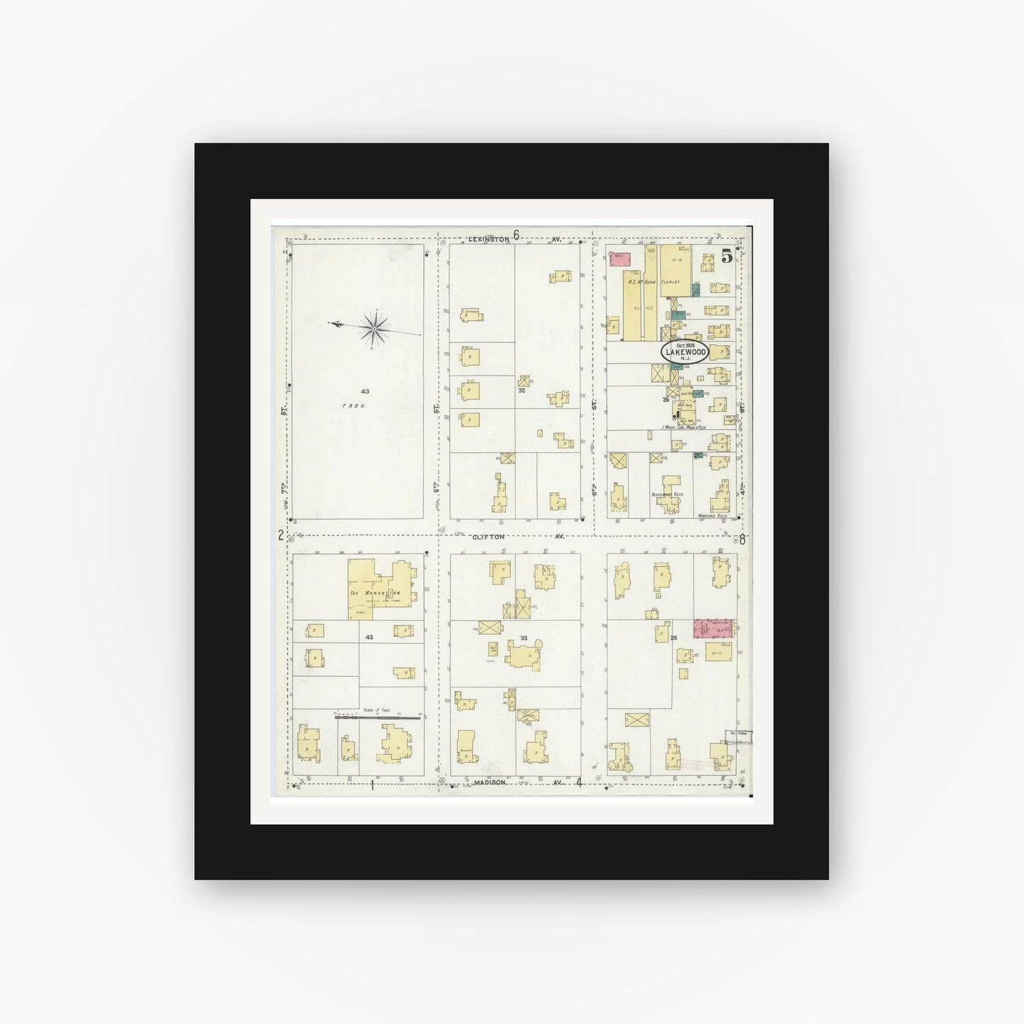 Old map wall art mockup — black gallery frame with white mat — Sanborn Fire Insurance Map from Lakewood, Ocean County, New Jersey (1905), Sheet #0005