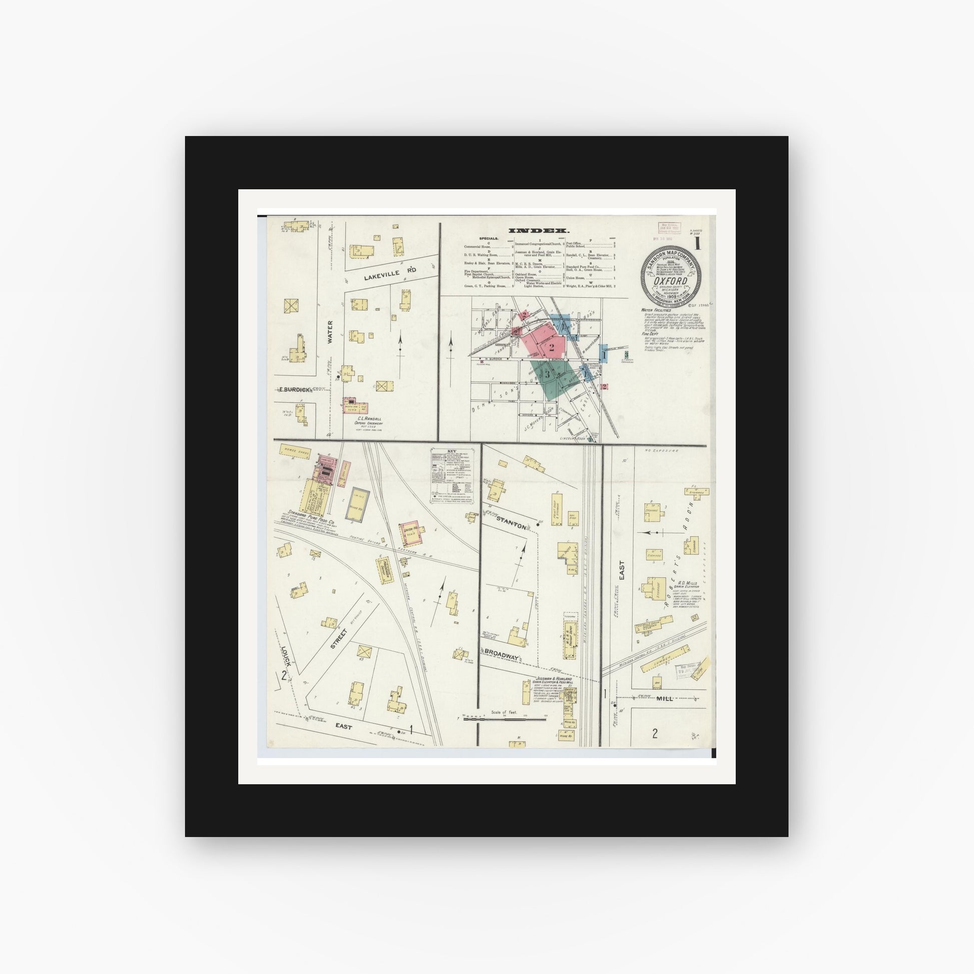 Old map wall art mockup — black gallery frame with white mat — Sanborn Fire Insurance Map from Oxford, Oakland County, Michigan (1903) - Complete Map Set