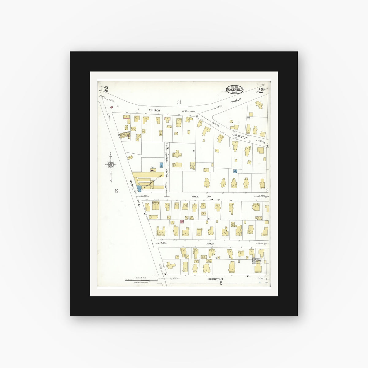 Old map wall art mockup — black gallery frame with white mat — Sanborn Fire Insurance Map from Wakefield, Middlesex County, Massachusetts (1923), Sheet #0002