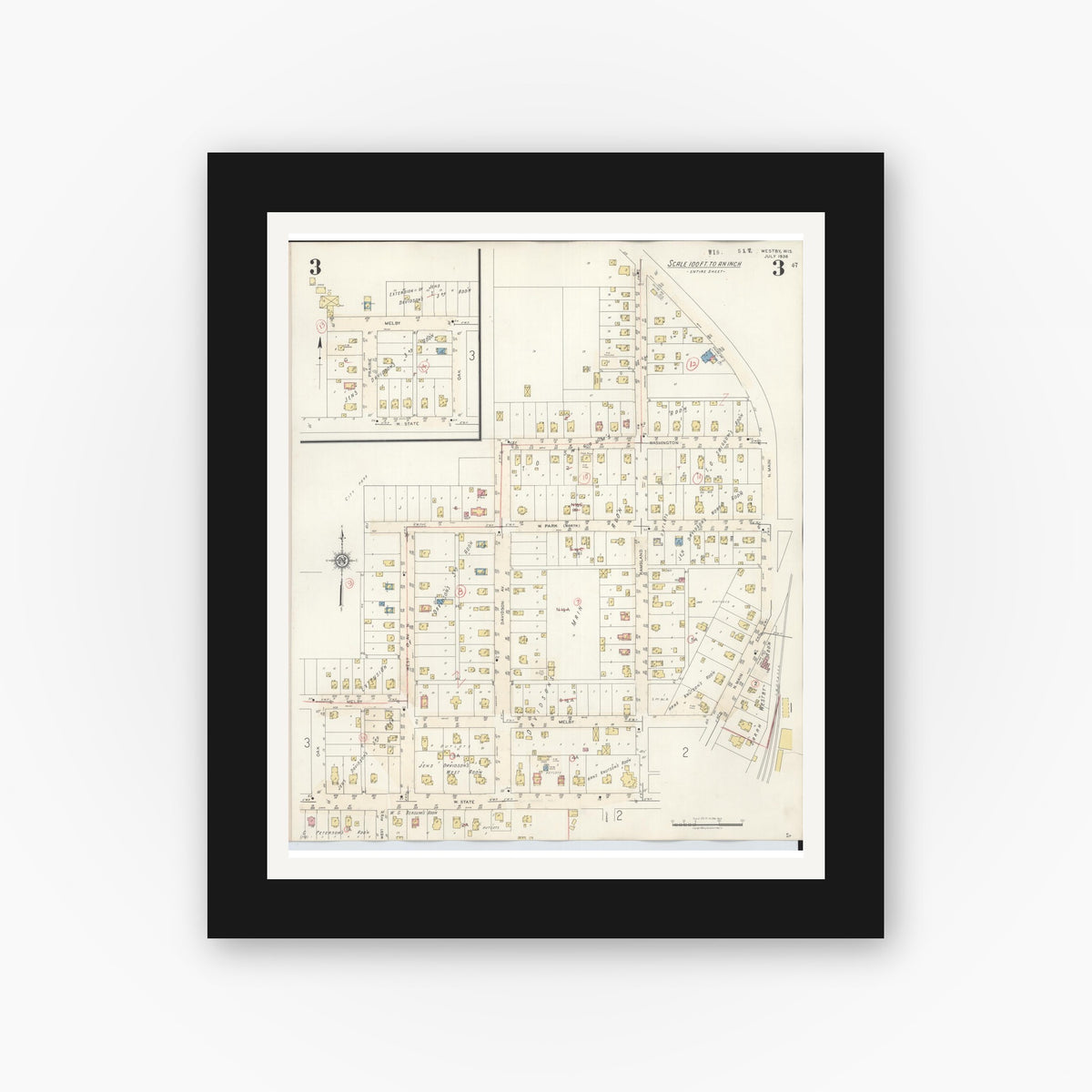 Old map wall art mockup — black gallery frame with white mat — Sanborn Fire Insurance Map from Westby, Vernon County, Wisconsin (1940), Sheet #0003