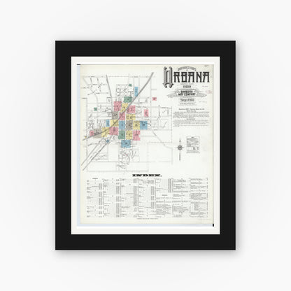 Old map wall art mockup — black gallery frame with white mat — Sanborn Fire Insurance Map from Urbana, Champaign County, Ohio (1910), Sheet #0001
