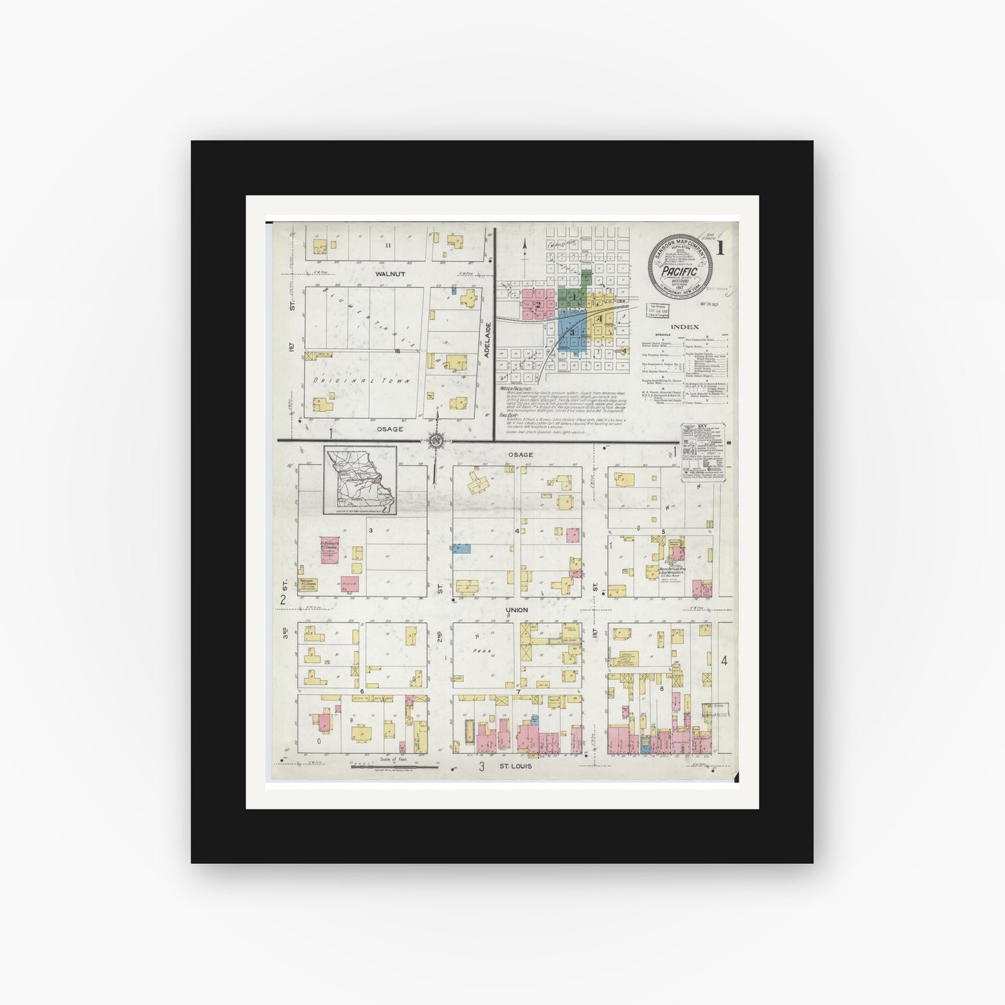 Old map wall art mockup — black gallery frame with white mat — Sanborn Fire Insurance Map from Pacific, Franklin County, Missouri (1917) - Complete Map Set
