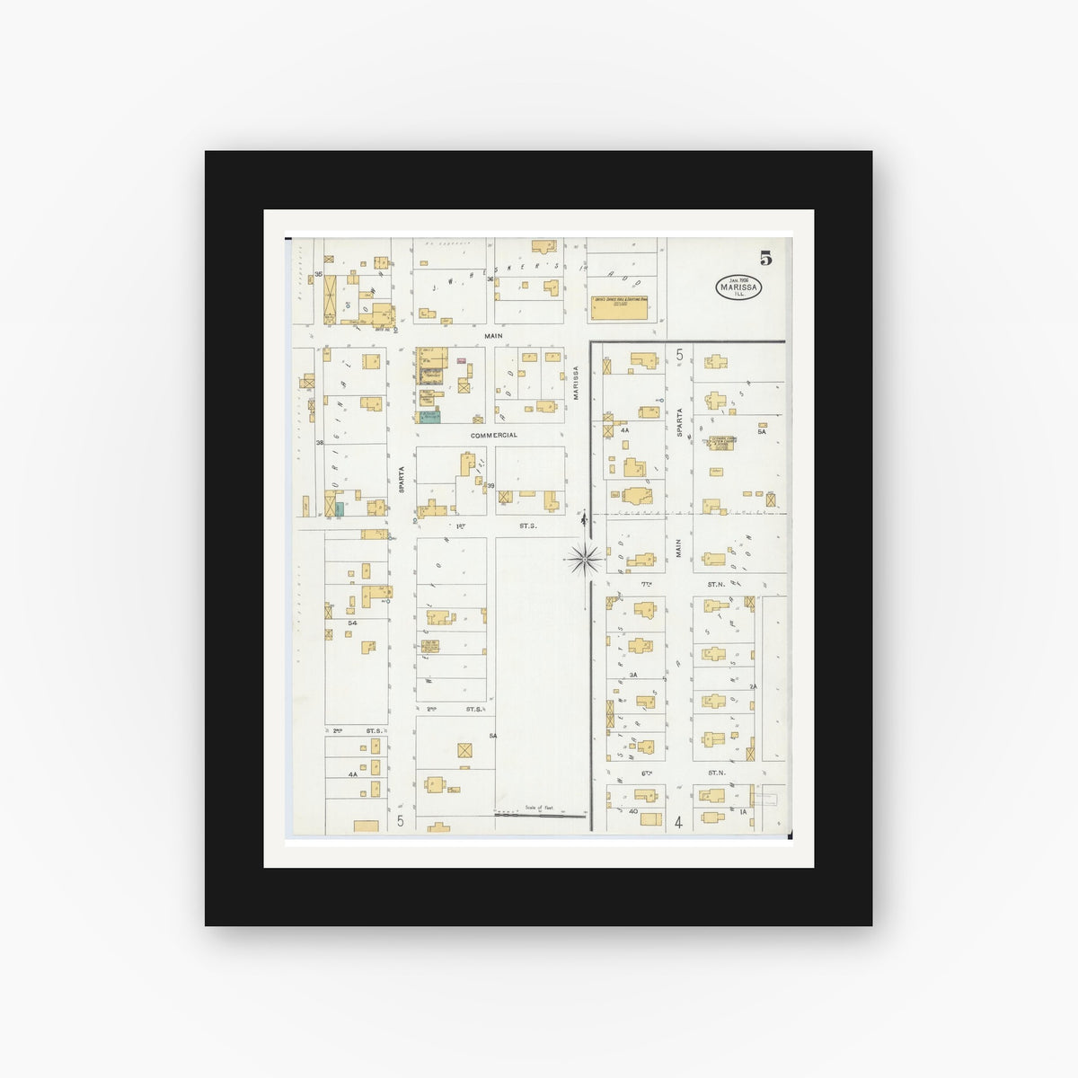 Old map wall art mockup — black gallery frame with white mat — Sanborn Fire Insurance Map from Marissa, Saint Clair County, Illinois (1906), Sheet #0005
