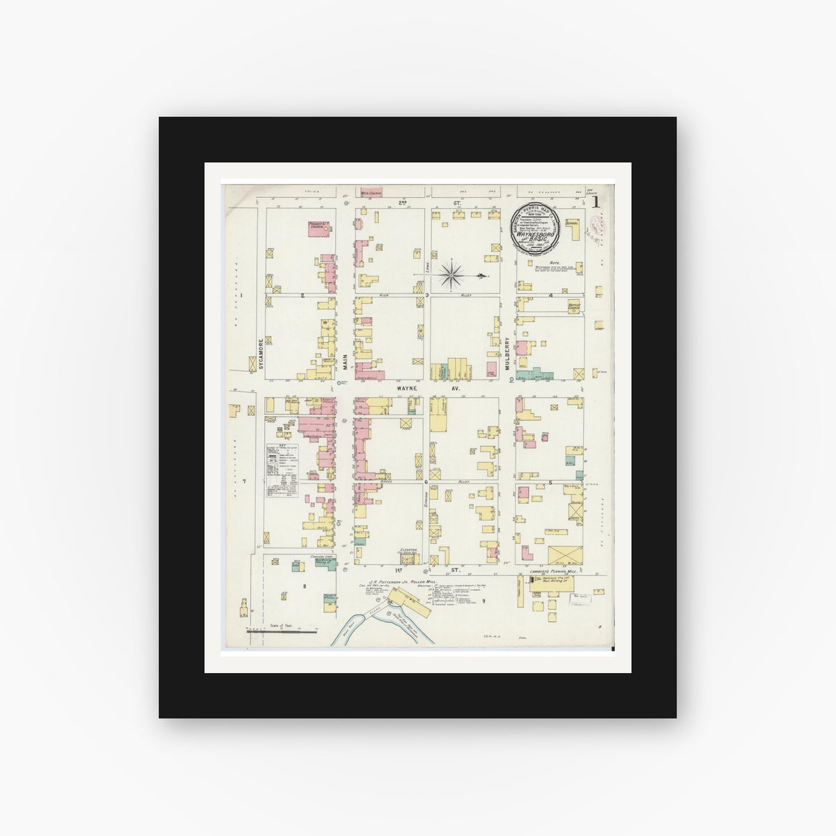Old map wall art mockup — black gallery frame with white mat — Sanborn Fire Insurance Map from Waynesboro, Independent Cities, Virginia (1897), Sheet #0001
