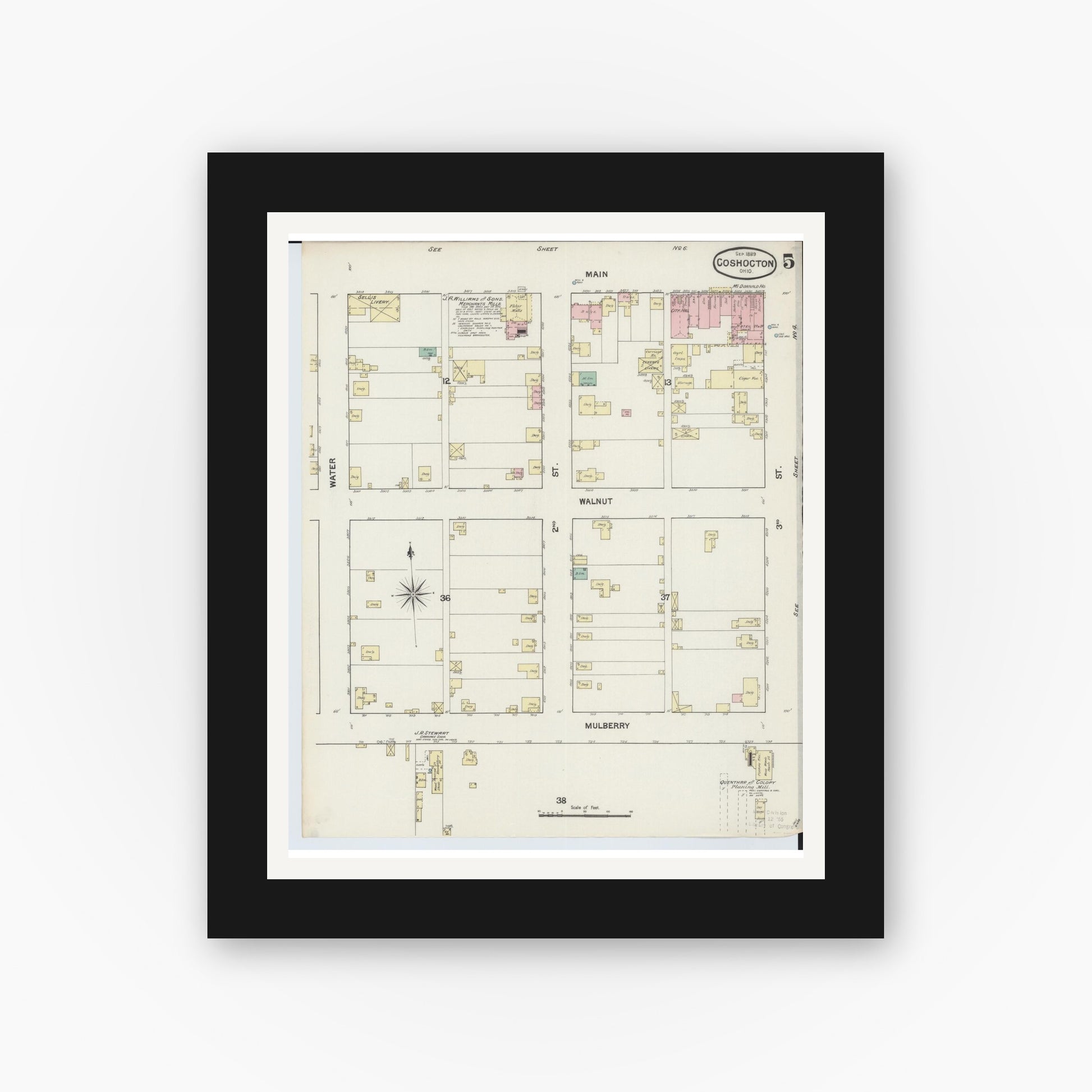 Old map wall art mockup — black gallery frame with white mat — Sanborn Fire Insurance Map from Coshocton, Coshocton County, Ohio (1889), Sheet #0005