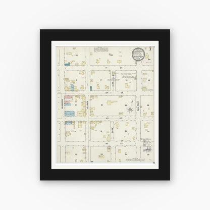 Old map wall art mockup — black gallery frame with white mat — Sanborn Fire Insurance Map from Hallettsville, Lavaca County, Texas (1891), Sheet #0001