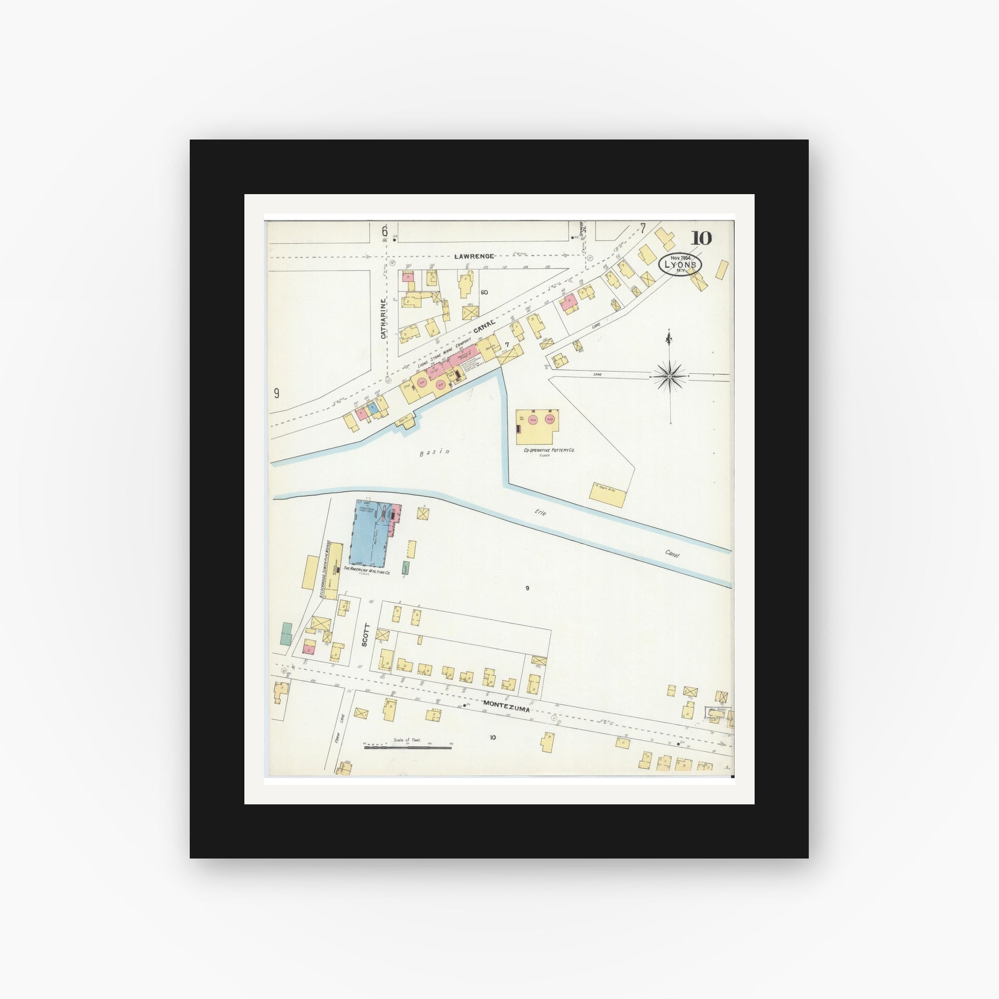 Old map wall art mockup — black gallery frame with white mat — Sanborn Fire Insurance Map from Lyons, Wayne County, New York (1904), Sheet #0010