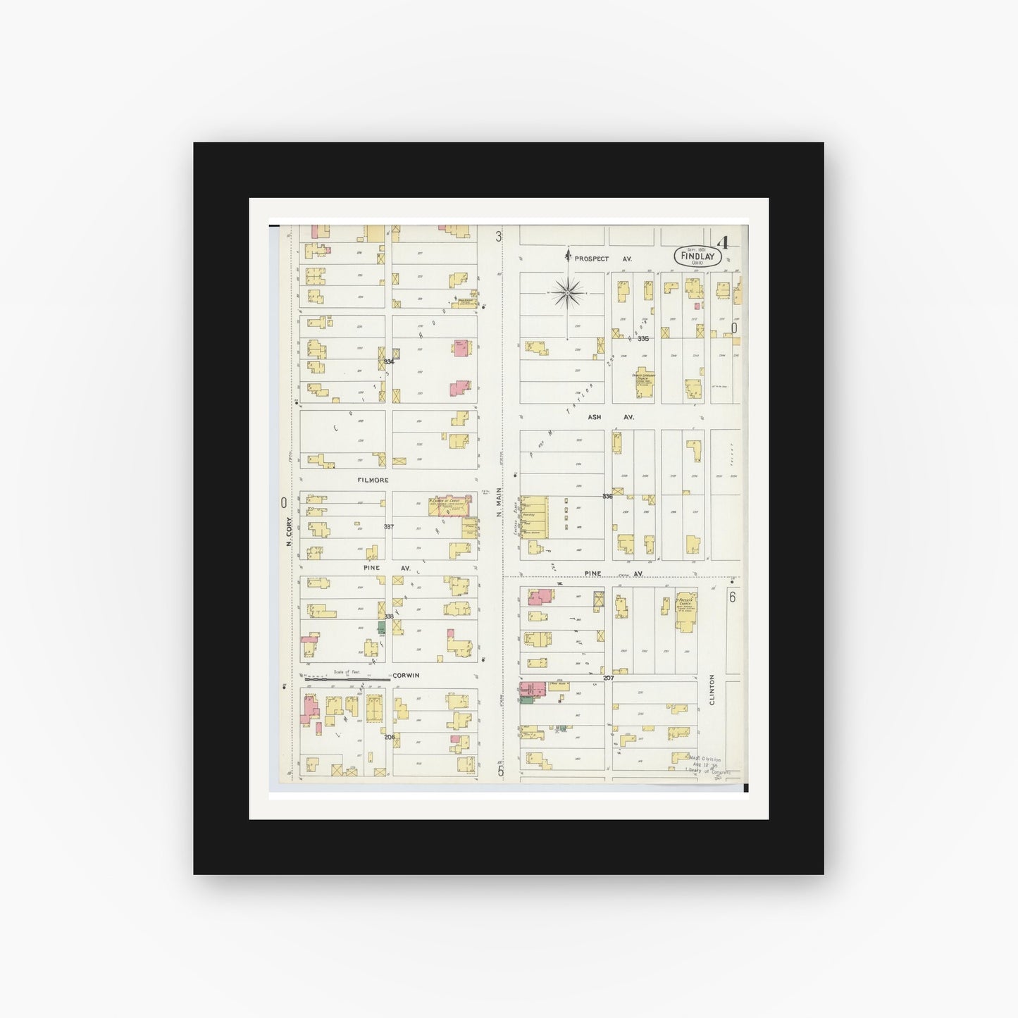 Old map wall art mockup — black gallery frame with white mat — Sanborn Fire Insurance Map from Findlay, Hancock County, Ohio (1901), Sheet #0004
