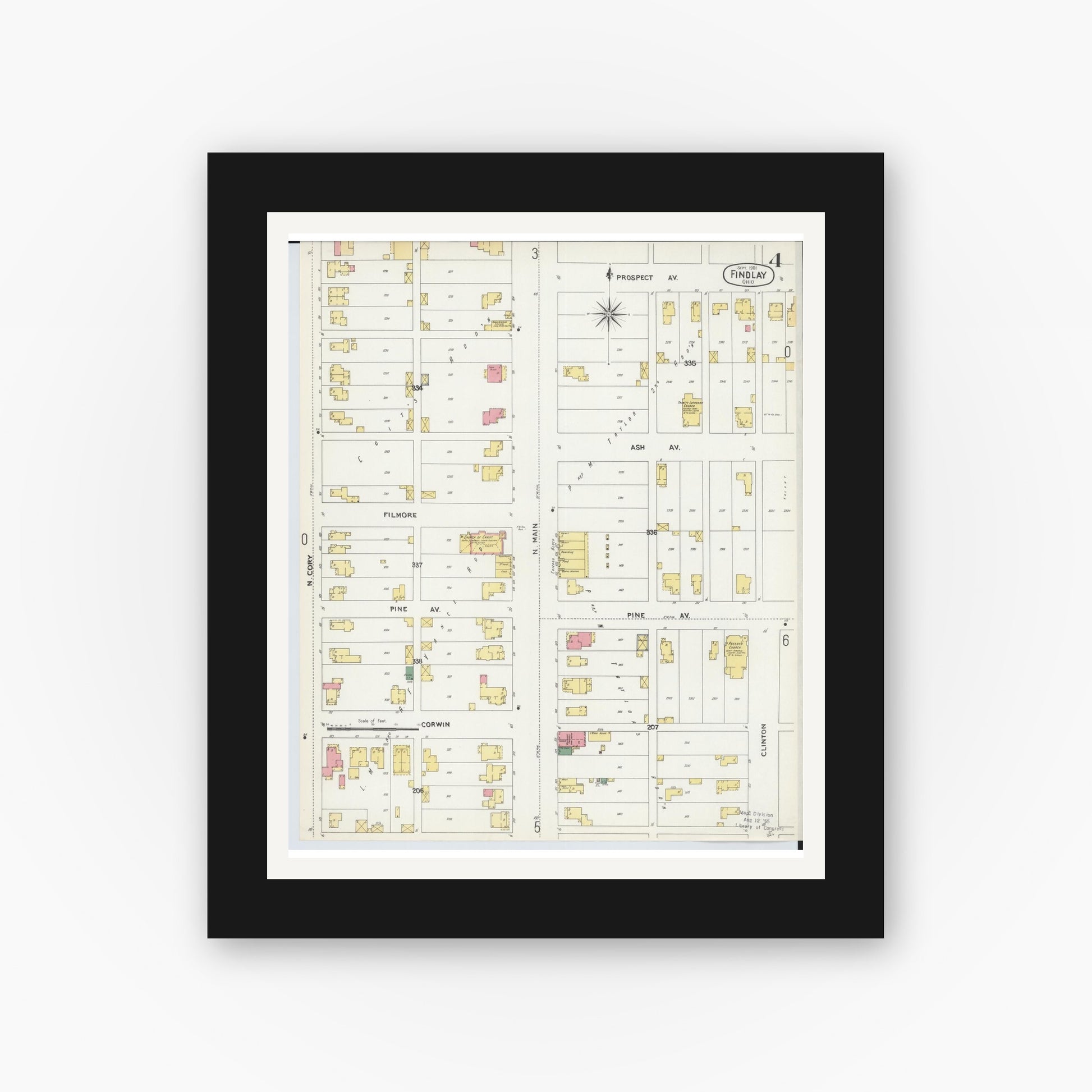 Old map wall art mockup — black gallery frame with white mat — Sanborn Fire Insurance Map from Findlay, Hancock County, Ohio (1901), Sheet #0004