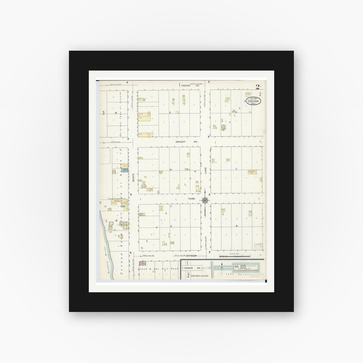 Old map wall art mockup — black gallery frame with white mat — Sanborn Fire Insurance Map from Oscoda, Iosco County, Michigan (1914), Sheet #0002