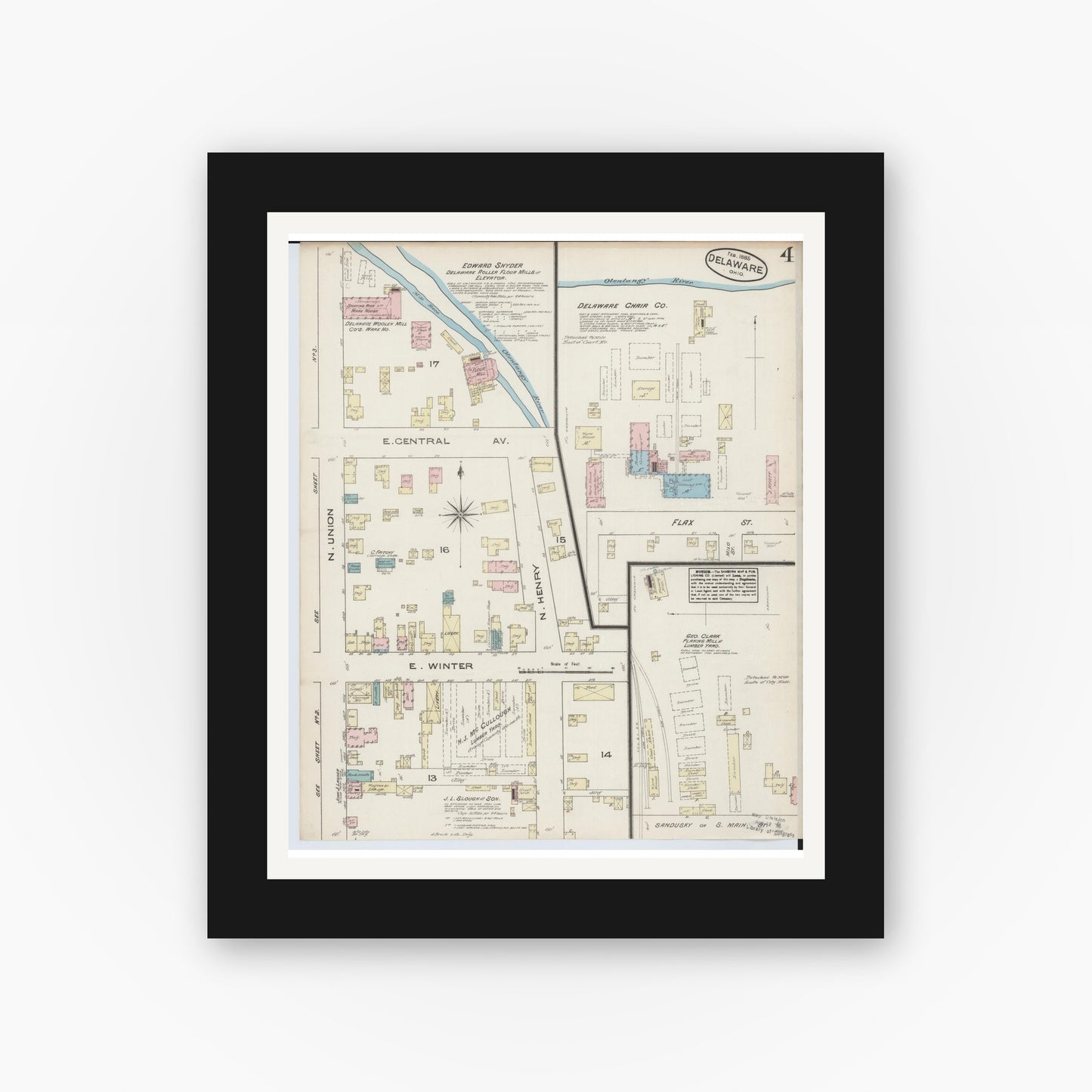 Old map wall art mockup — black gallery frame with white mat — Sanborn Fire Insurance Map from Delaware, Delaware County, Ohio (1885), Sheet #0004