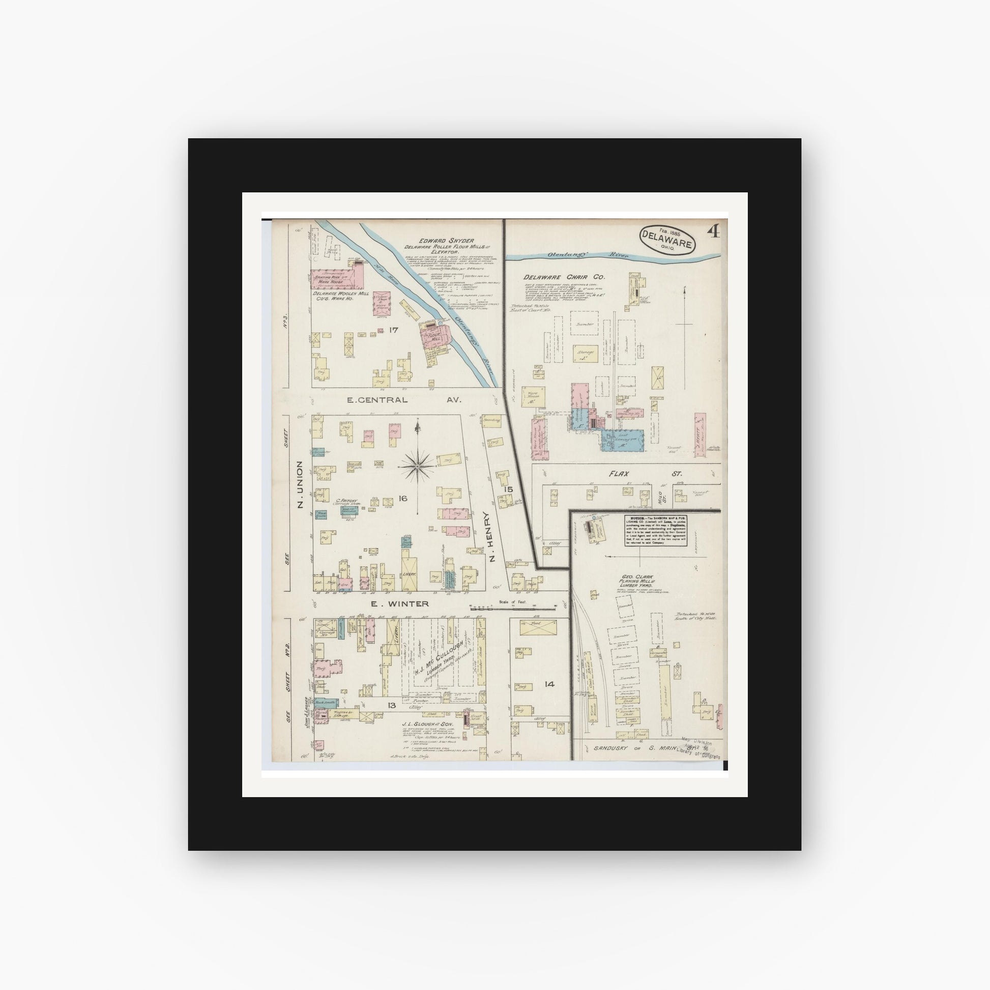 Old map wall art mockup — black gallery frame with white mat — Sanborn Fire Insurance Map from Delaware, Delaware County, Ohio (1885), Sheet #0004
