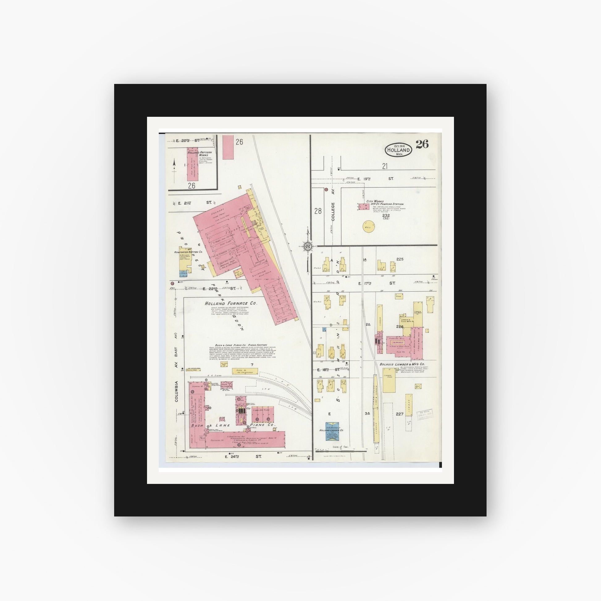 Old map wall art mockup — black gallery frame with white mat — Sanborn Fire Insurance Map from Holland, Ottawa County, Michigan (1916), Sheet #0026