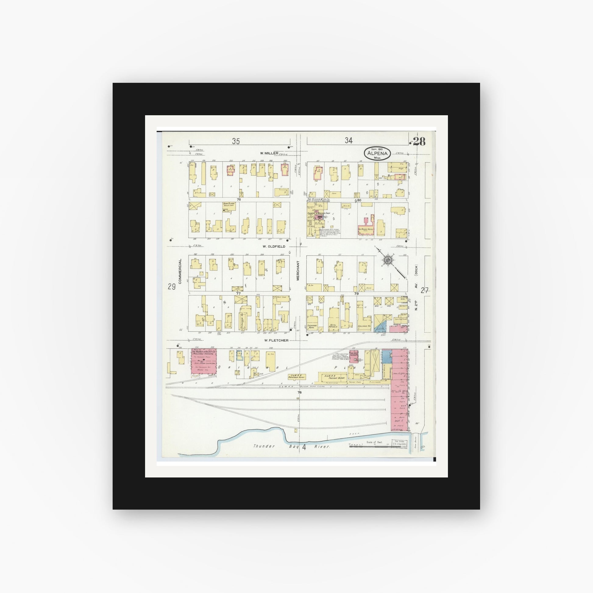Old map wall art mockup — black gallery frame with white mat — Sanborn Fire Insurance Map from Alpena, Alpena County, Michigan (1910), Sheet #0028