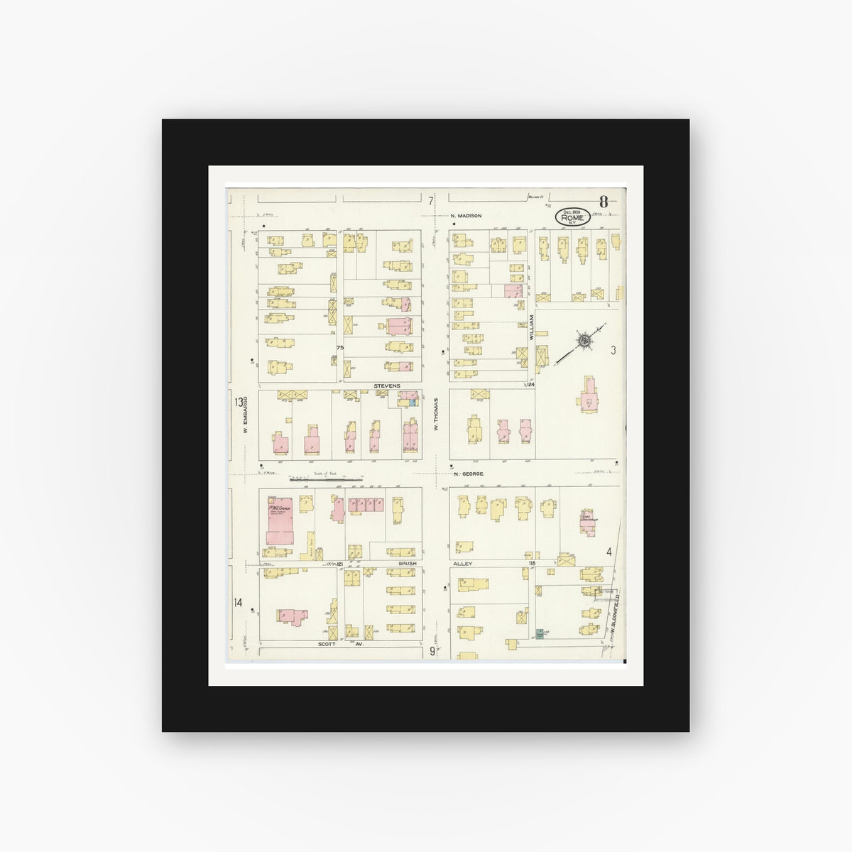 Old map wall art mockup — black gallery frame with white mat — Sanborn Fire Insurance Map from Rome, Oneida County, New York (1909), Sheet #0008