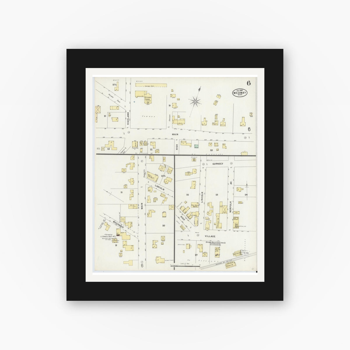 Old map wall art mockup — black gallery frame with white mat — Sanborn Fire Insurance Map from Medway, Norfolk County, Massachusetts (1897), Sheet #0006