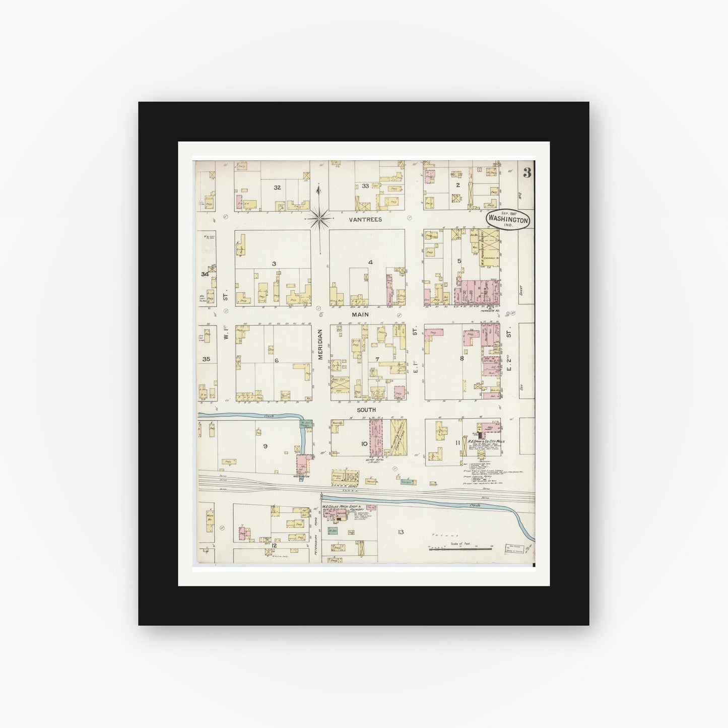 Old map wall art mockup — black gallery frame with white mat — Sanborn Fire Insurance Map from Washington, Daviess County, Indiana (1887), Sheet #0003