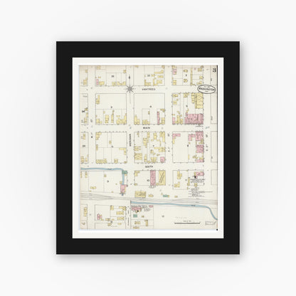 Old map wall art mockup — black gallery frame with white mat — Sanborn Fire Insurance Map from Washington, Daviess County, Indiana (1887), Sheet #0003
