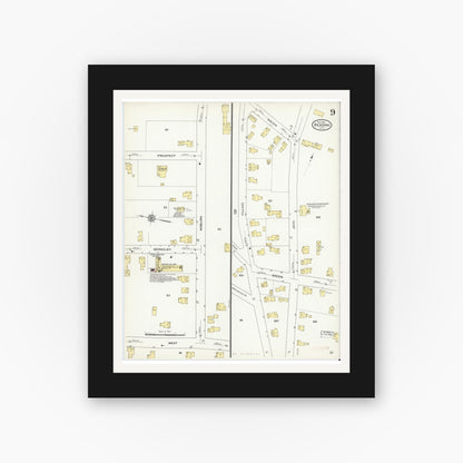 Old map wall art mockup — black gallery frame with white mat — Sanborn Fire Insurance Map from Reading, Middlesex County, Massachusetts (1909), Sheet #0009