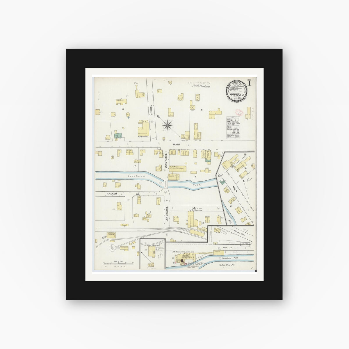 Old map wall art mockup — black gallery frame with white mat — Sanborn Fire Insurance Map from Hunter, Greene County, New York (1895) - Complete Map Set