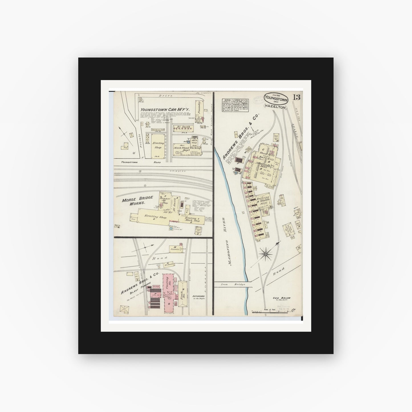 Old map wall art mockup — black gallery frame with white mat — Sanborn Fire Insurance Map from Youngstown, Mahoning County, Ohio (1884), Sheet #0013