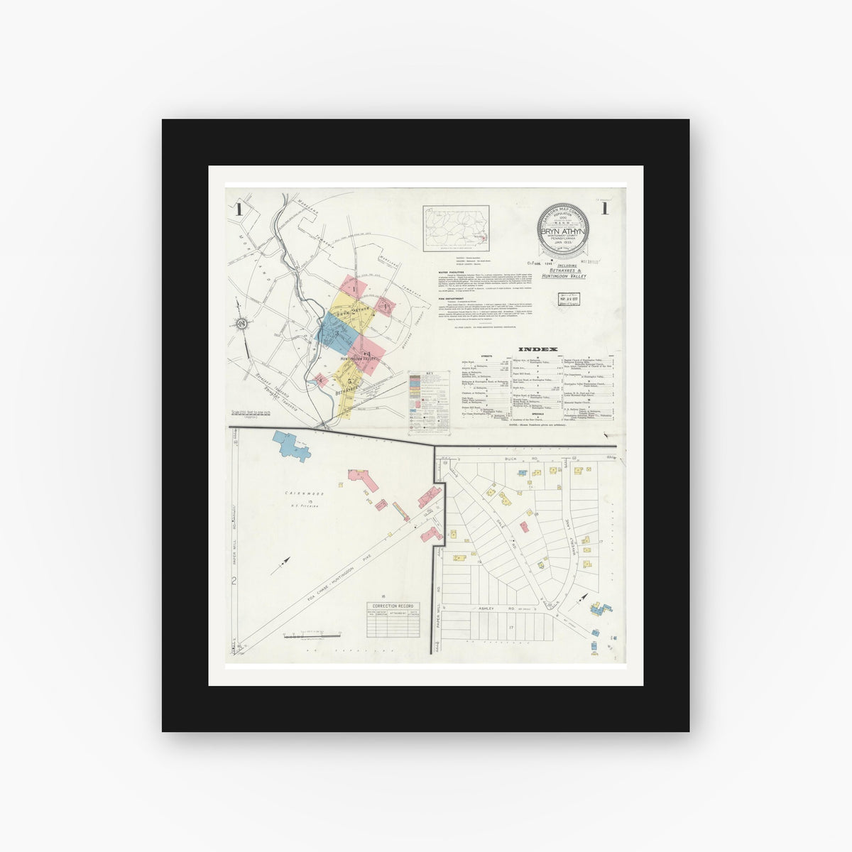 Old map wall art mockup — black gallery frame with white mat — Sanborn Fire Insurance Map from Bryn Athyn, Montgomery County, Pennsylvania (1933) - Complete Map Set