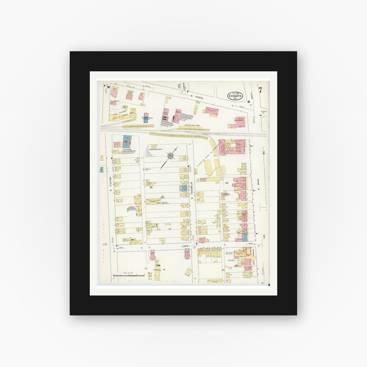 Old map wall art mockup — black gallery frame with white mat — Sanborn Fire Insurance Map from Ephrata, Lancaster County, Pennsylvania (1912), Sheet #0007
