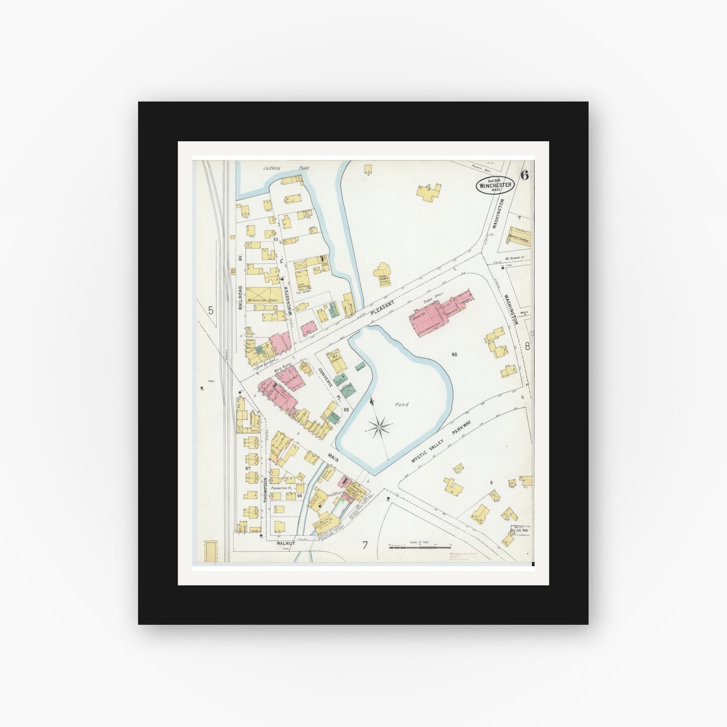 Old map wall art mockup — black gallery frame with white mat — Sanborn Fire Insurance Map from Winchester, Middlesex County, Massachusetts (1899), Sheet #0006